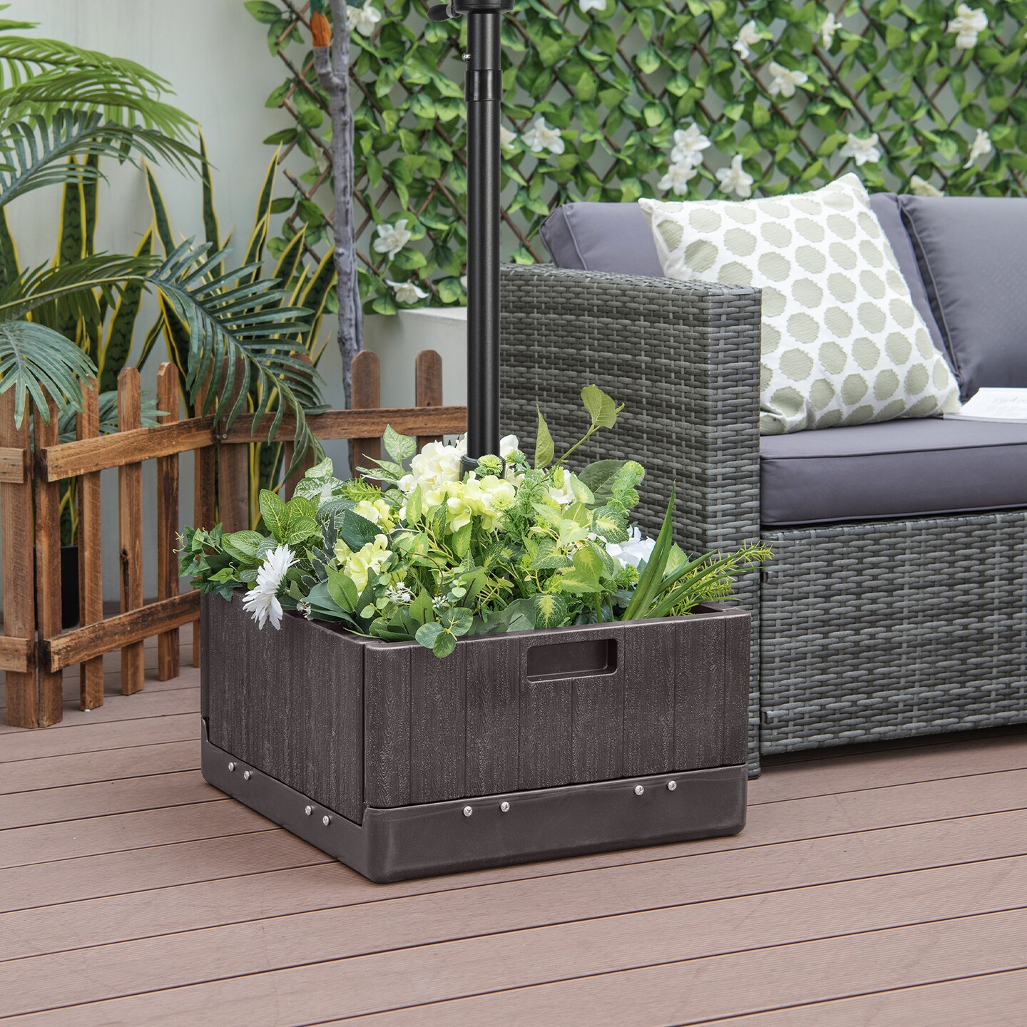 Outdoor Umbrella Stand with Wheels Tray and Planter Box 175 LBS