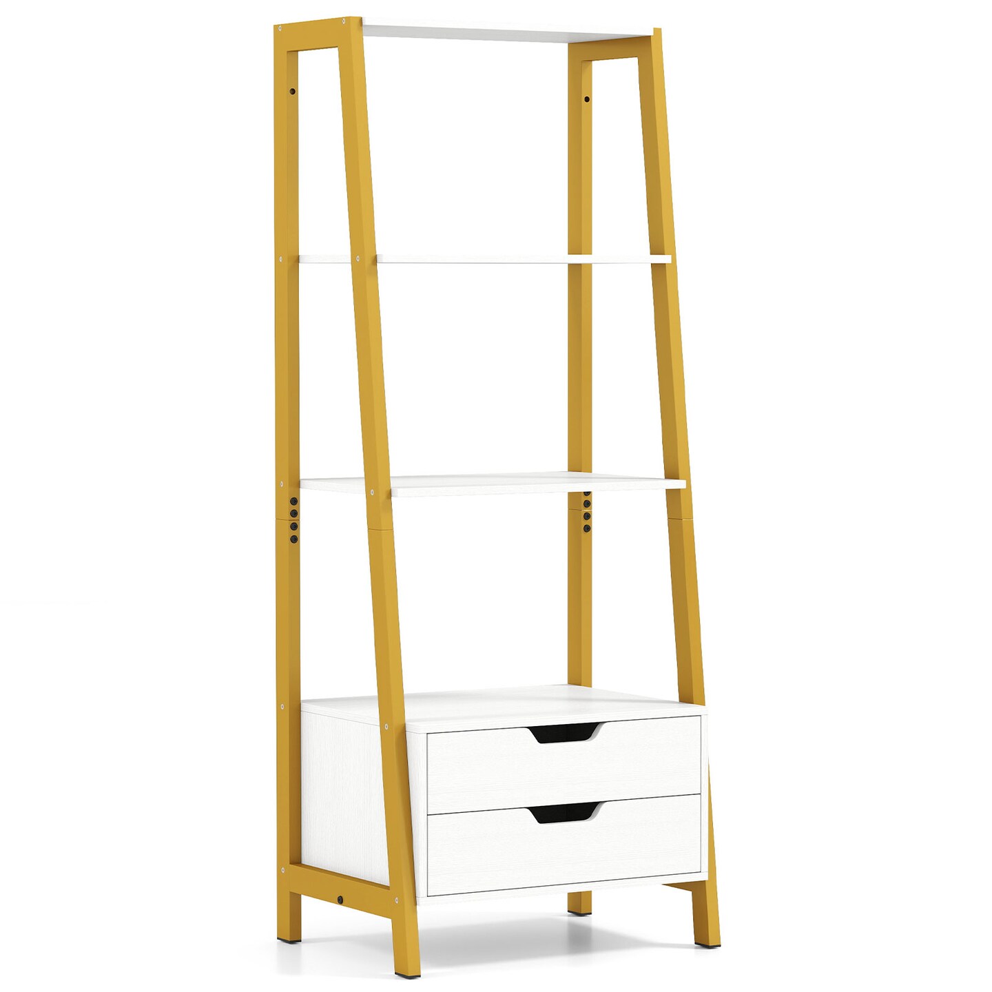 Modern 4-Shelf Ladder Bookcase with Drawers and Sturdy Metal Frame for Living Room or Kitchen