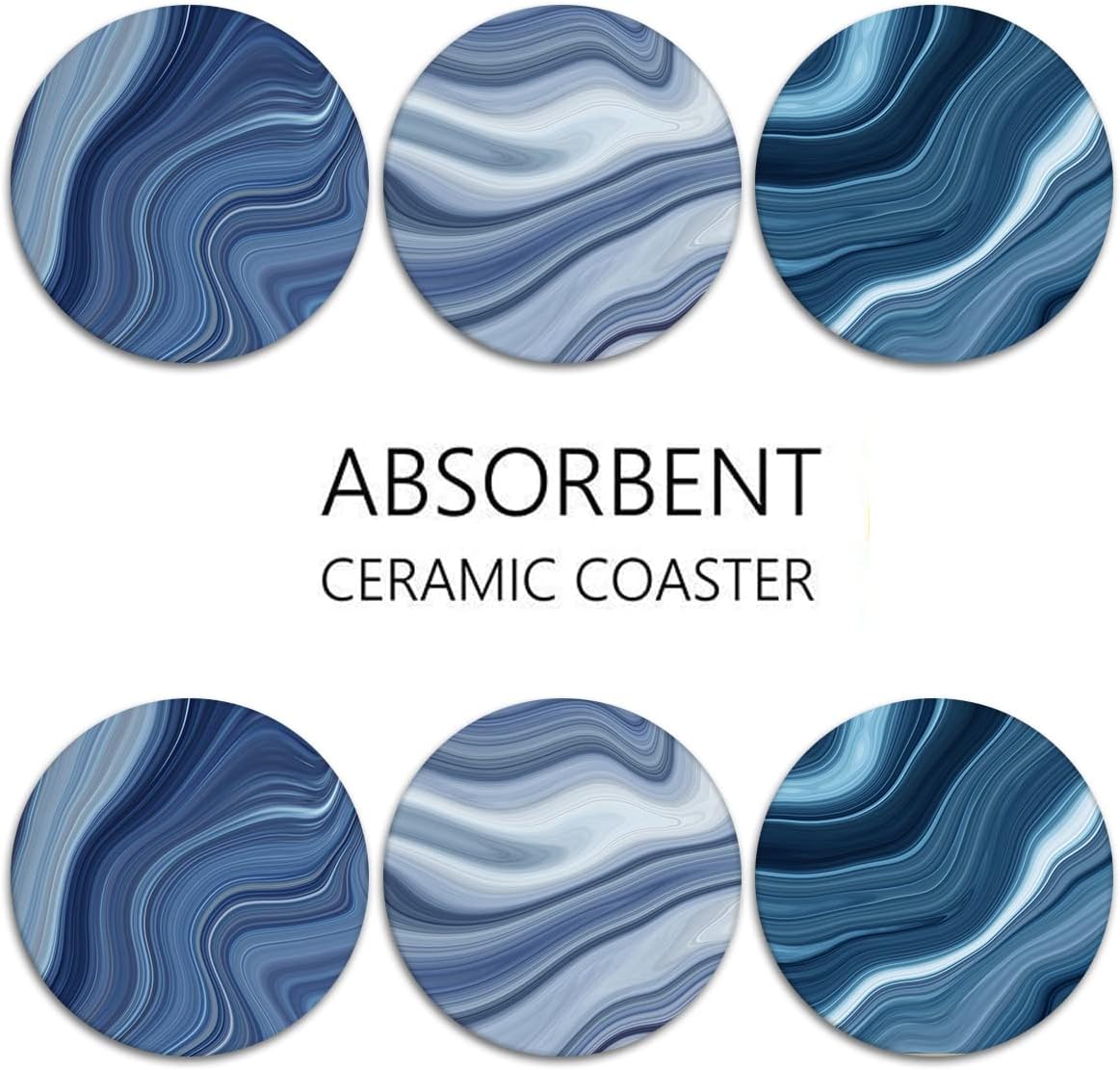 Coaster for Drinks Set of 6, Vintage Retro Colorful Blue Marble Absorbent Round Ceramic Stone Mat, with Cork Base and Metal Holder, Gift for Housewarming Room Bar Decor
