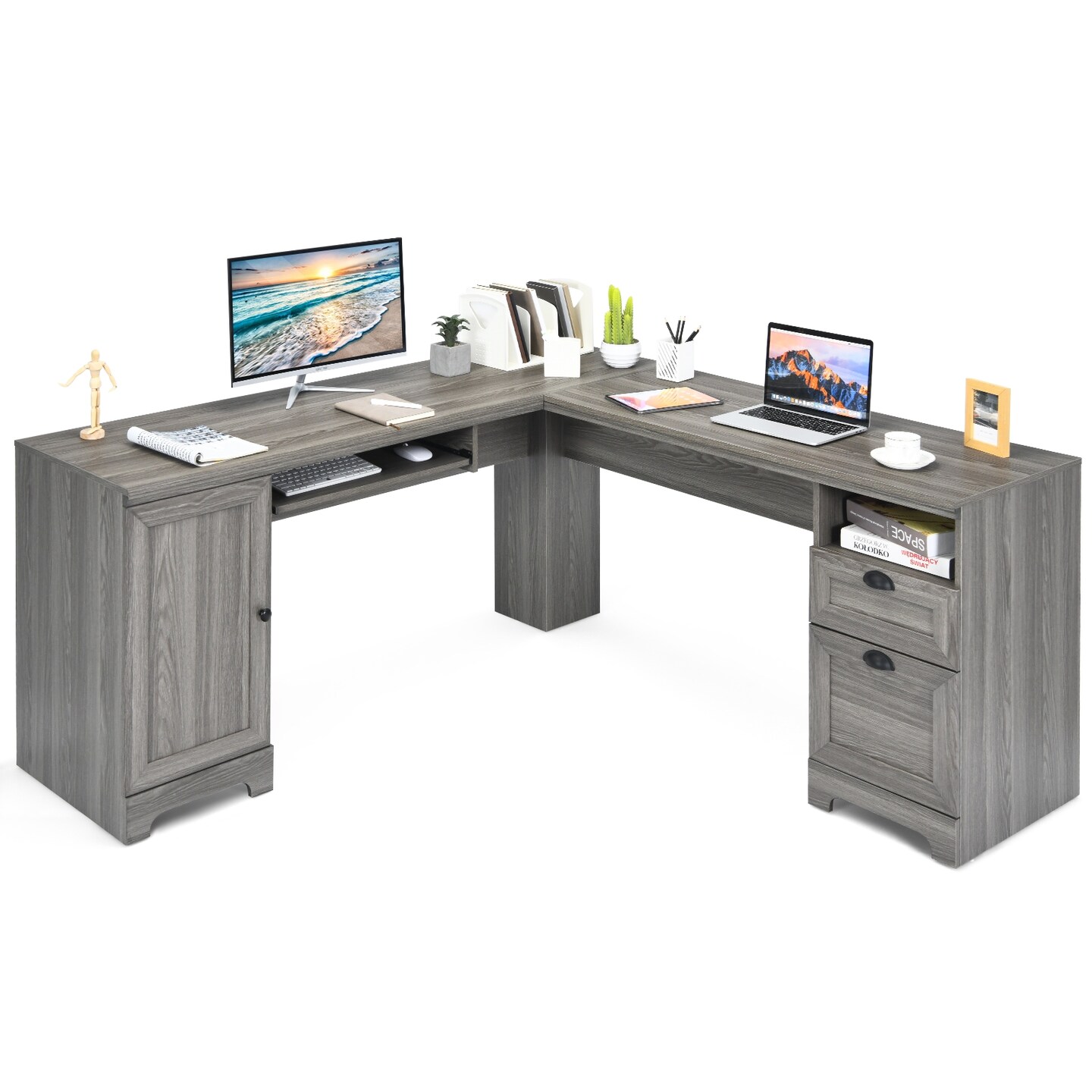 L-Shaped Computer Desk with Drawers and Shelves for Office and Study Room