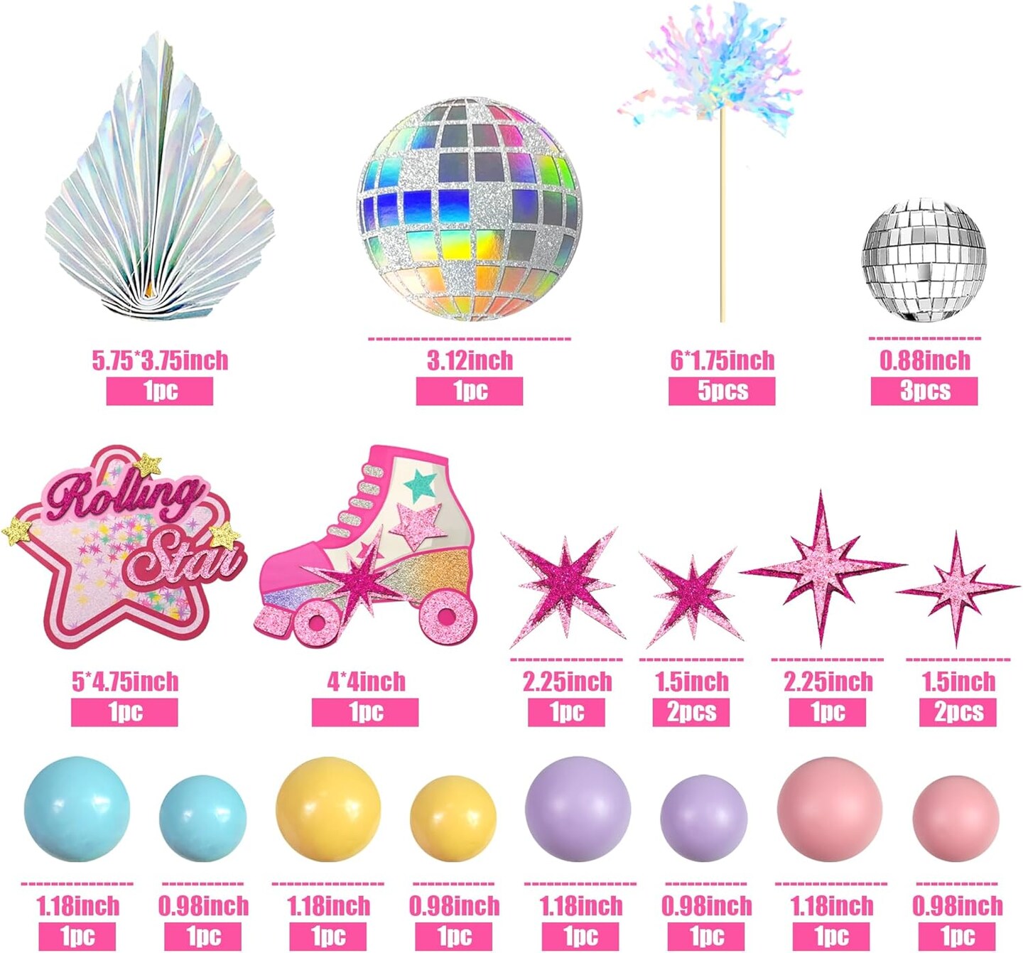Roller Skate Cake Topper Disco Ball Cake Toppers Pastel Ball Cake Decorations Hot Pink Stars for Girls 80s 90s Skating Hip Hop Theme Rolling Party Decorations