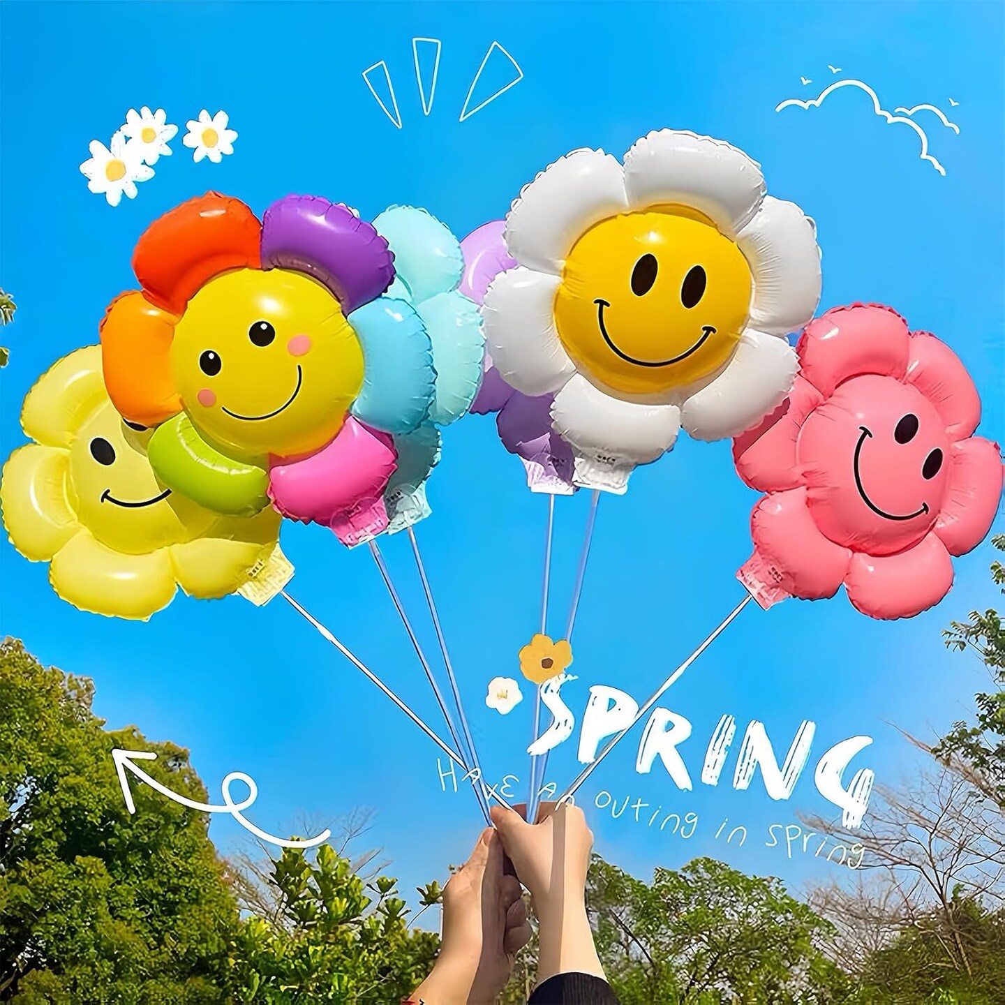 7PCS Seven Colors Smiley Sunflower Balloons with Sticks