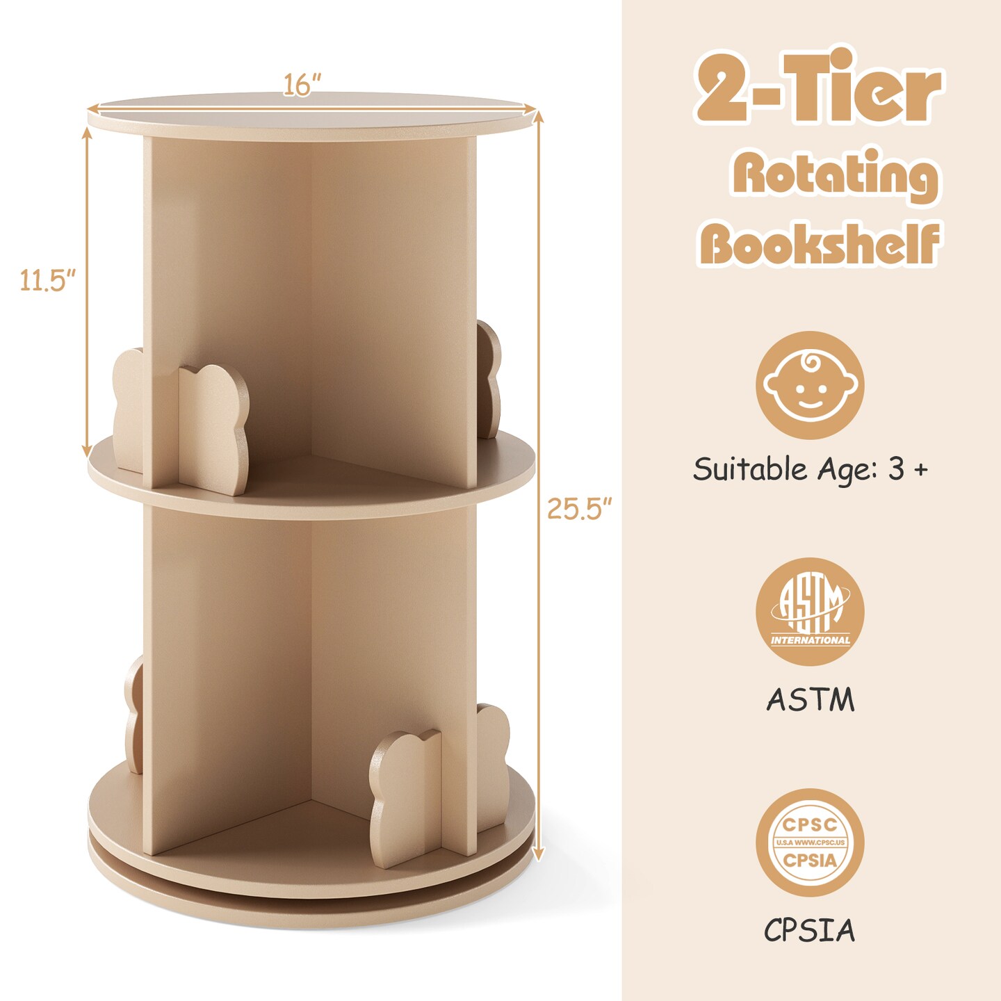 2 Tier Rotating Kids Bookshelf Storage Rack with Bear Baffles and 8 Slots