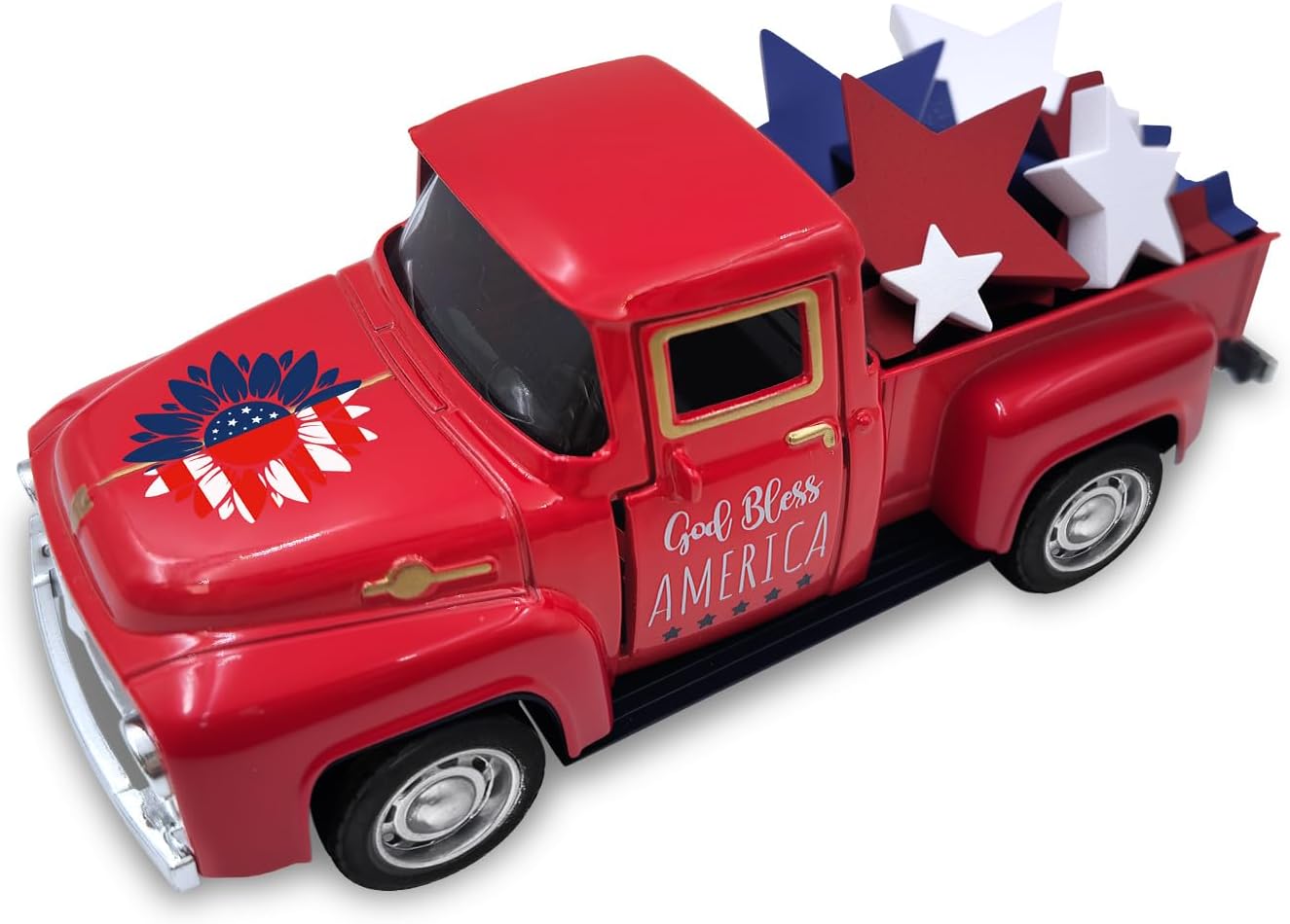4th of July Decorations Farmhouse Metal Truck with Wooden Stars Sign Fourth of July Decor Patriotic Centerpieces for Tables Independence Day Memorial Day Red White and Blue Tiered Tray Decor for Home