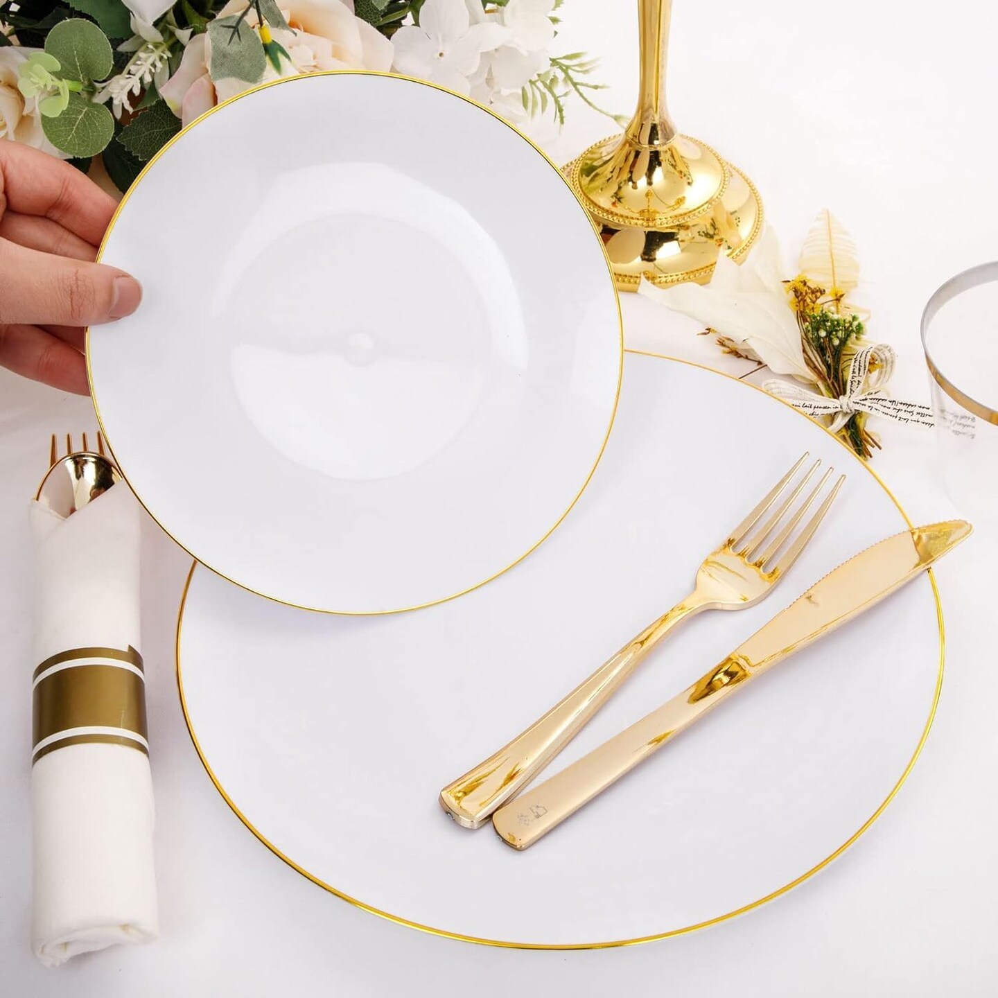 140Pcs Gold Plastic Plates, White Plates with Gold Rim, Disposable Dinnerware Include 20Dinner Platos, 20 Dessert Platos, 20Pre Rolled Napkins with Cutlery and 20 Cups for Party