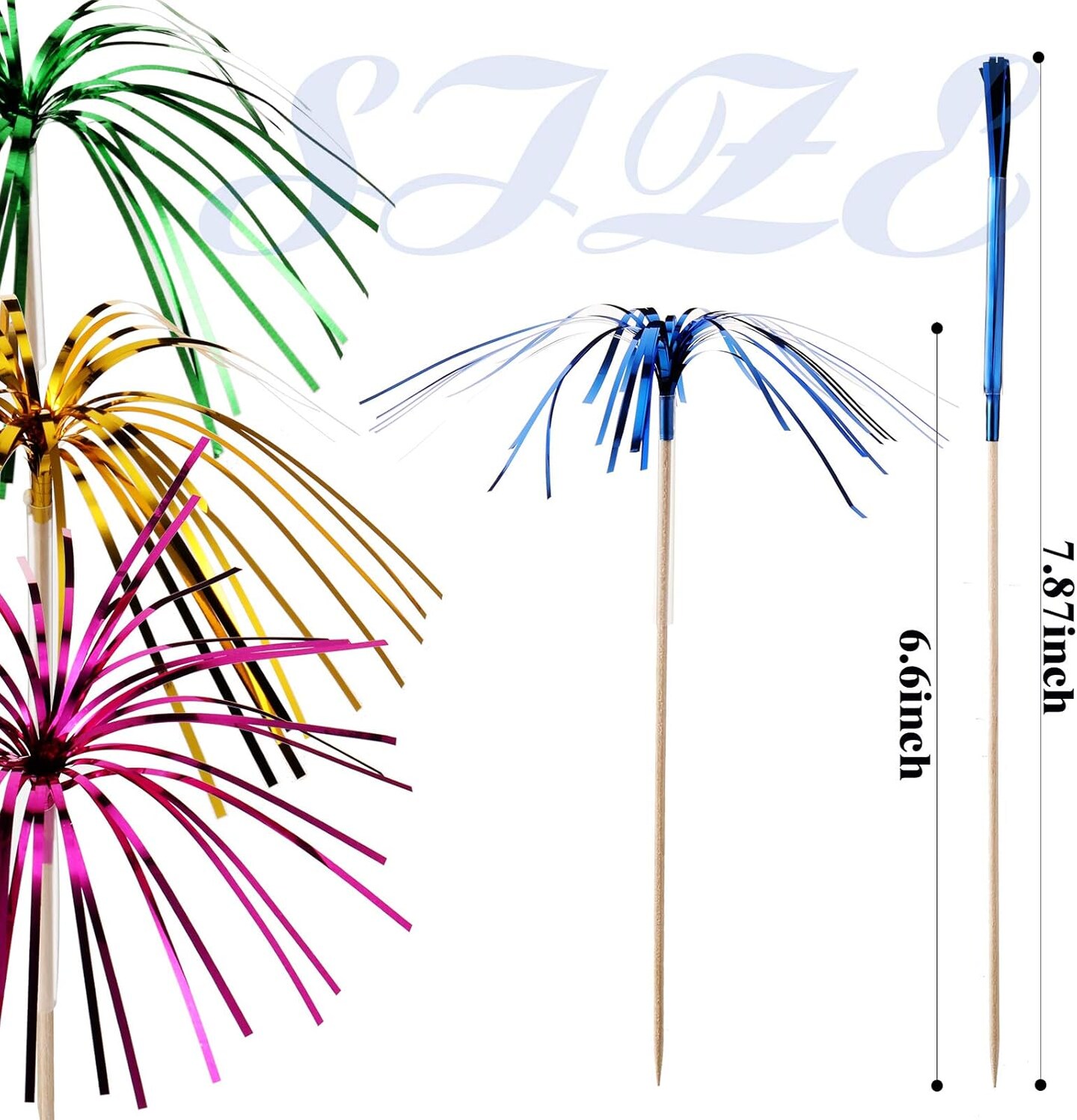 150 Pcs Cocktail Picks Firework Foil Frill Firework Cupcake Picks 7.87 Inch Cupcake Topper Toothpicks Food Fireworks Sticks Cocktail Sticks for Halloween Christmas Cake Party Decoration