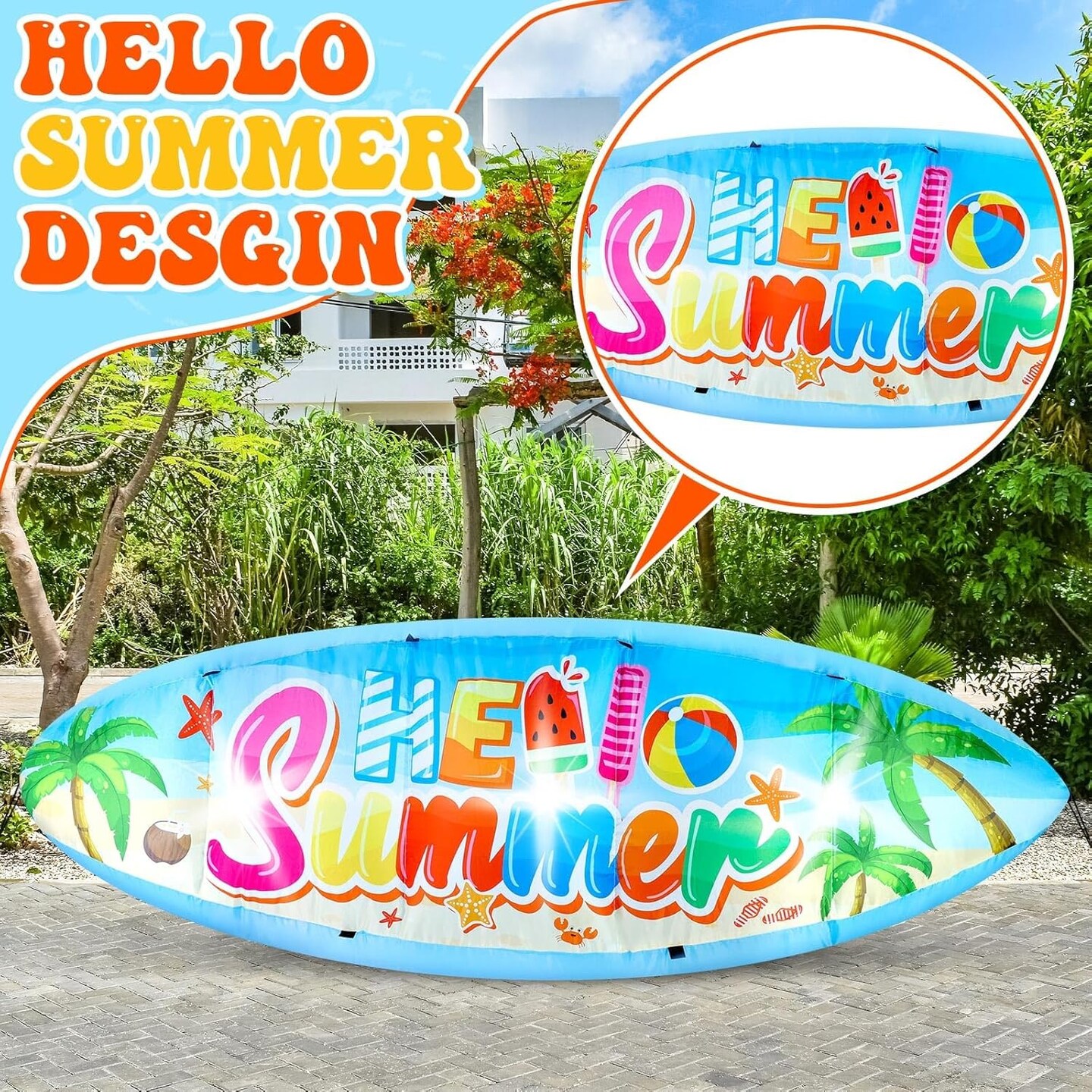 5 FT Hello Summer Surfboard Inflatable, Outdoor Blow Up Yard Decoration with Built-in 3 LED Lights, Summer Luau Party Decorations for Pool Holiday Garden Lawn Patio Tropical Beach