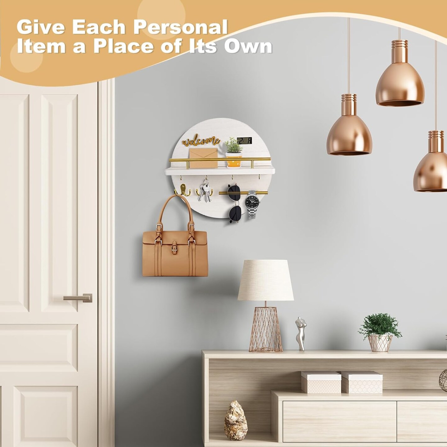 Key Holder for Wall, Key and Mail Holder Organizer with - Key Holder Wall Mount - Round Wooden Rustic Home Decor for Entryway, Mudroom, Hallway, Kitchen Office (White)