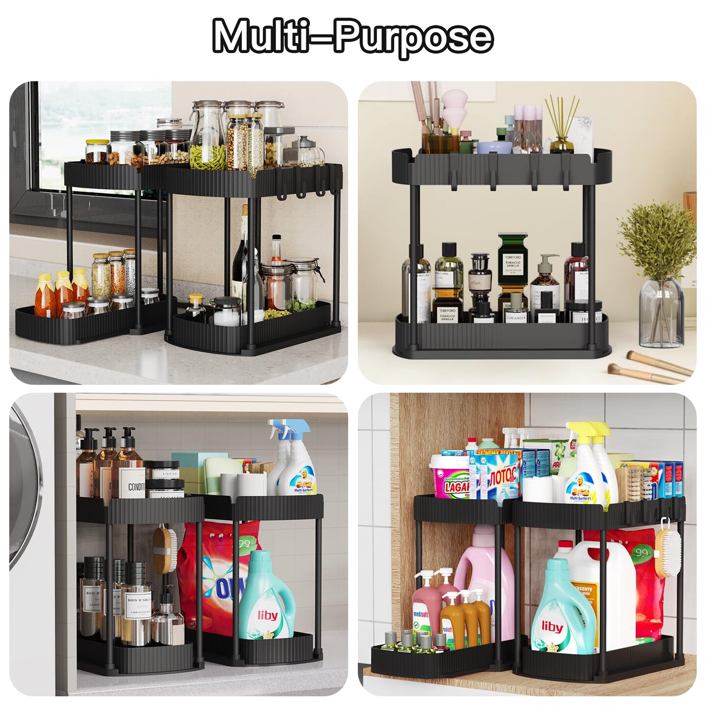2 Pack Multi-Purpose Pull-Out Storage Organizers, Under Sink Organizers and Storage for Bathroom &#x26; Kitchen, Under Cabinet Organizers and storage, 12.8 Inch, Black