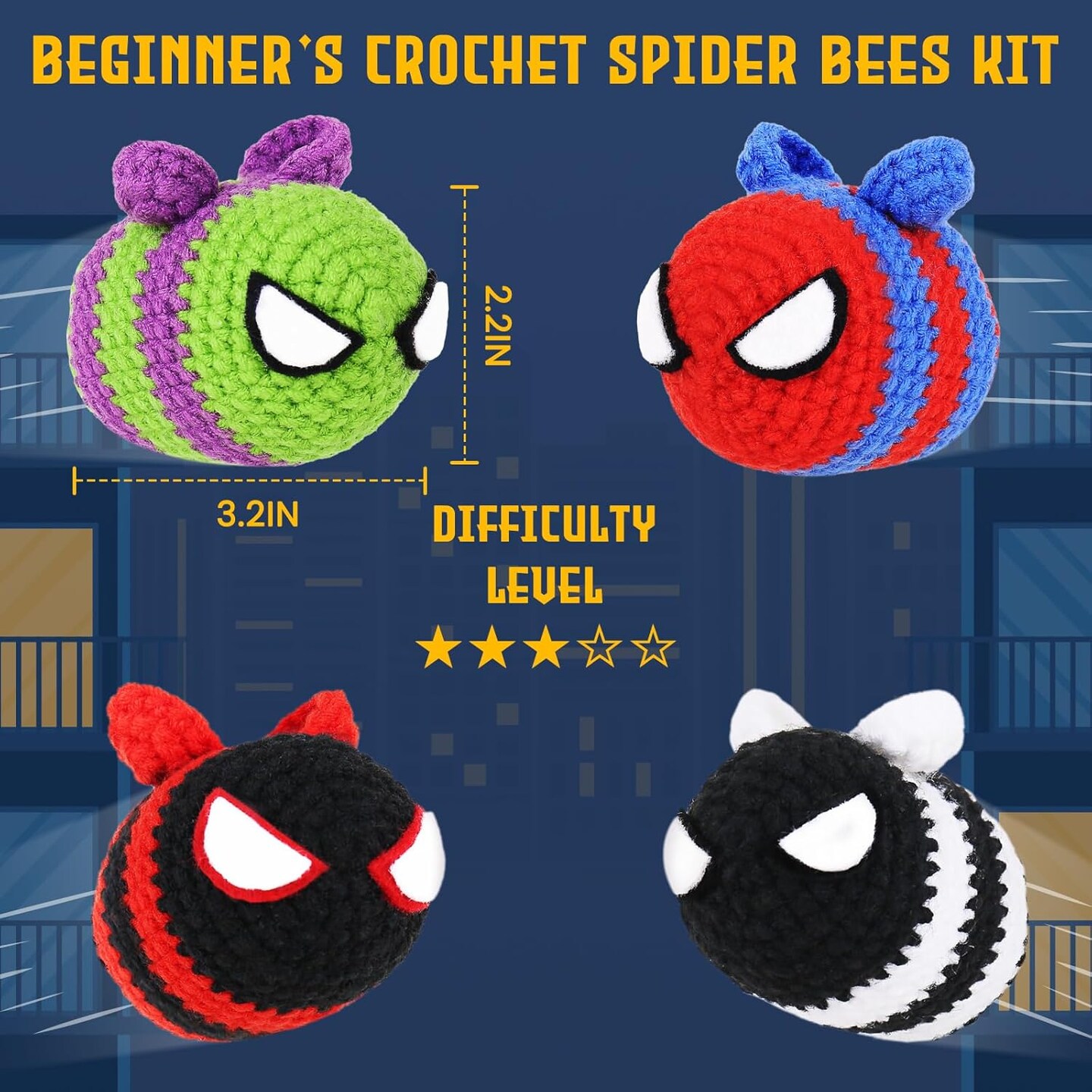 Beginner Crochet Kit for Adults Kids Women Men Complete Kit Included (4 Cool Bees)