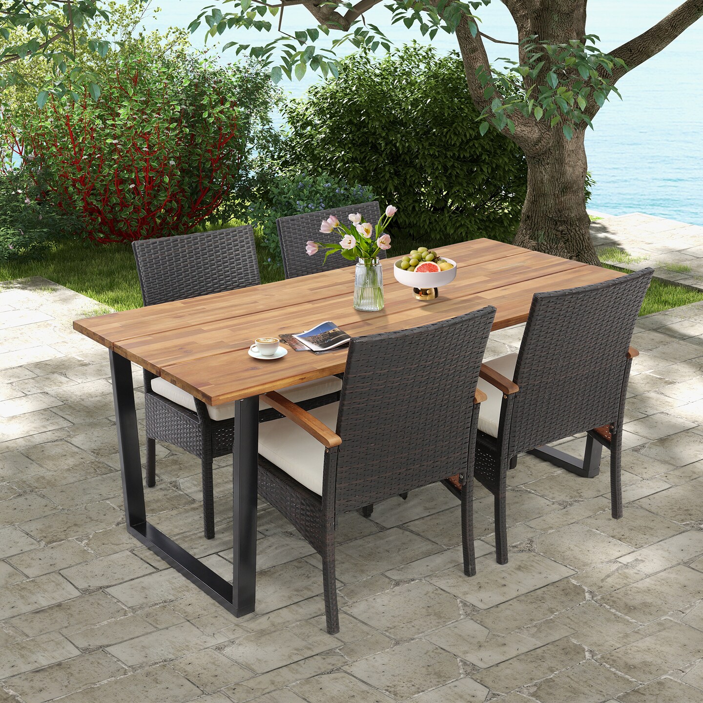 7-Piece Outdoor Patio Dining Set with Acacia Wood Table & Cushioned PE Rattan Chairs