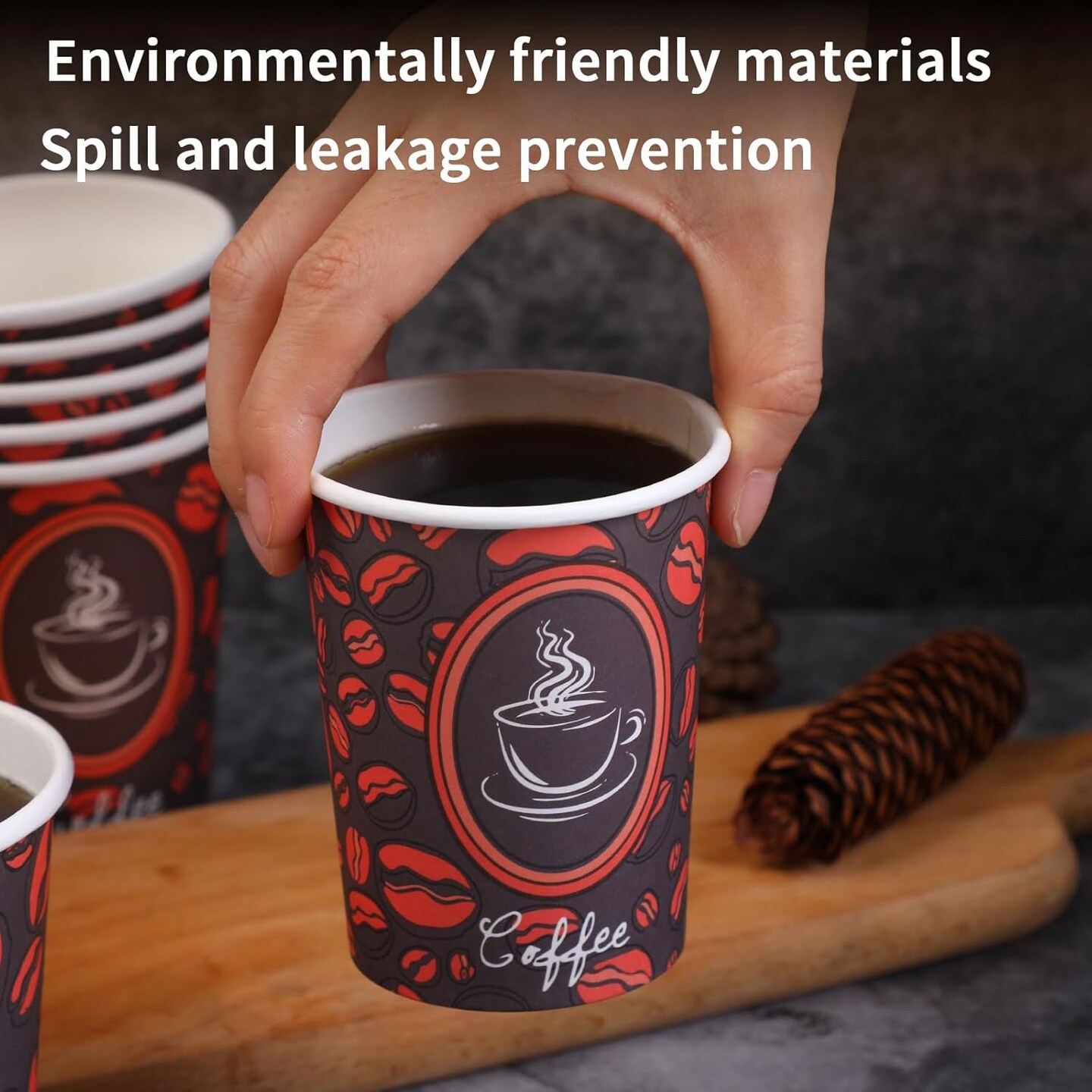 Disposable Paper Coffee Cups with Lids, Perfect For Tea & Hot Drinks - 100 Pack (8 oz, Coffee Bean Design)