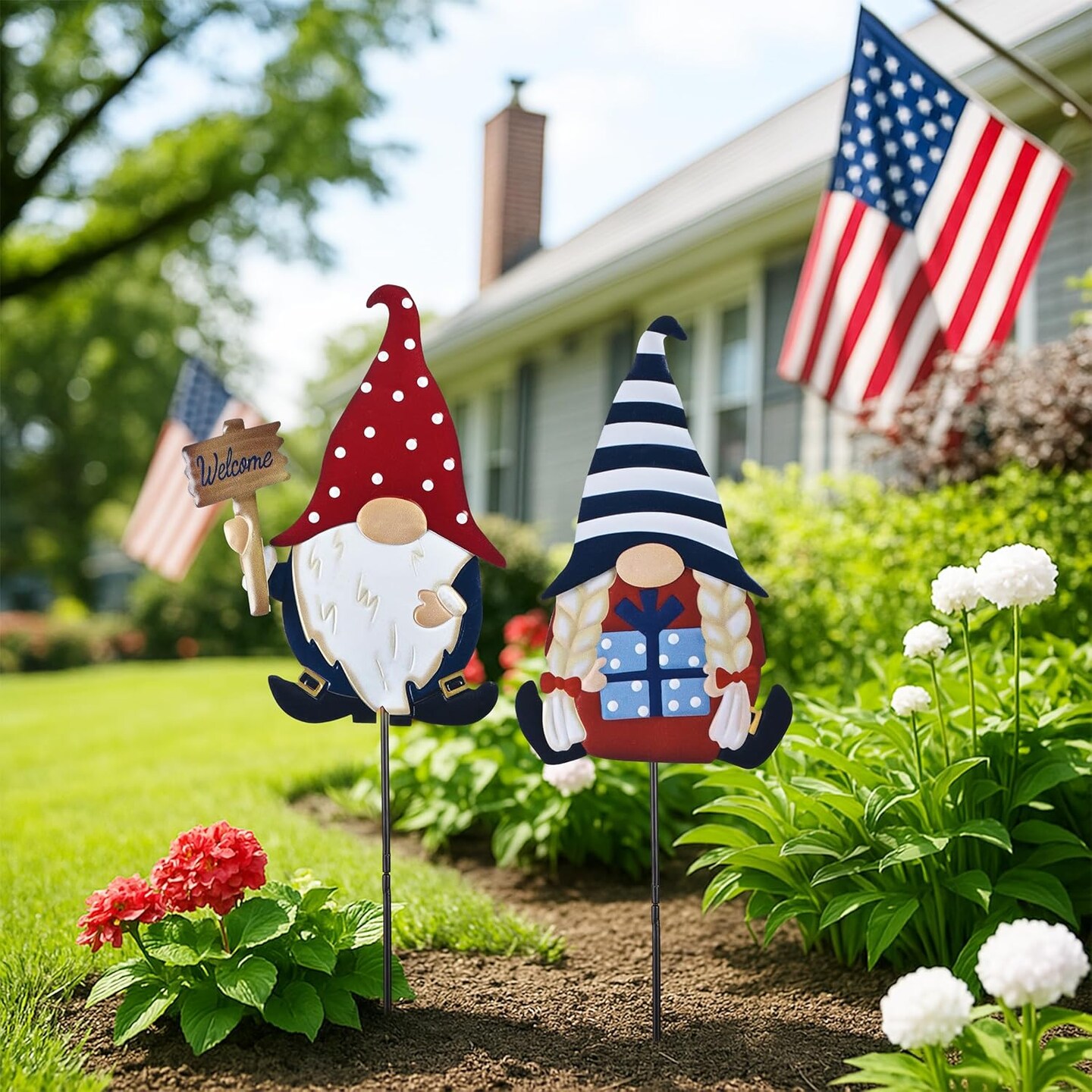 2 Pcs Memorial Day Patriotic Gnome Garden Decor, 4th of July Decorations for Outdoor Metal Yard Art Sign, Decorative Garden Stake for Lawn, Independence Day Gifts 23.2''