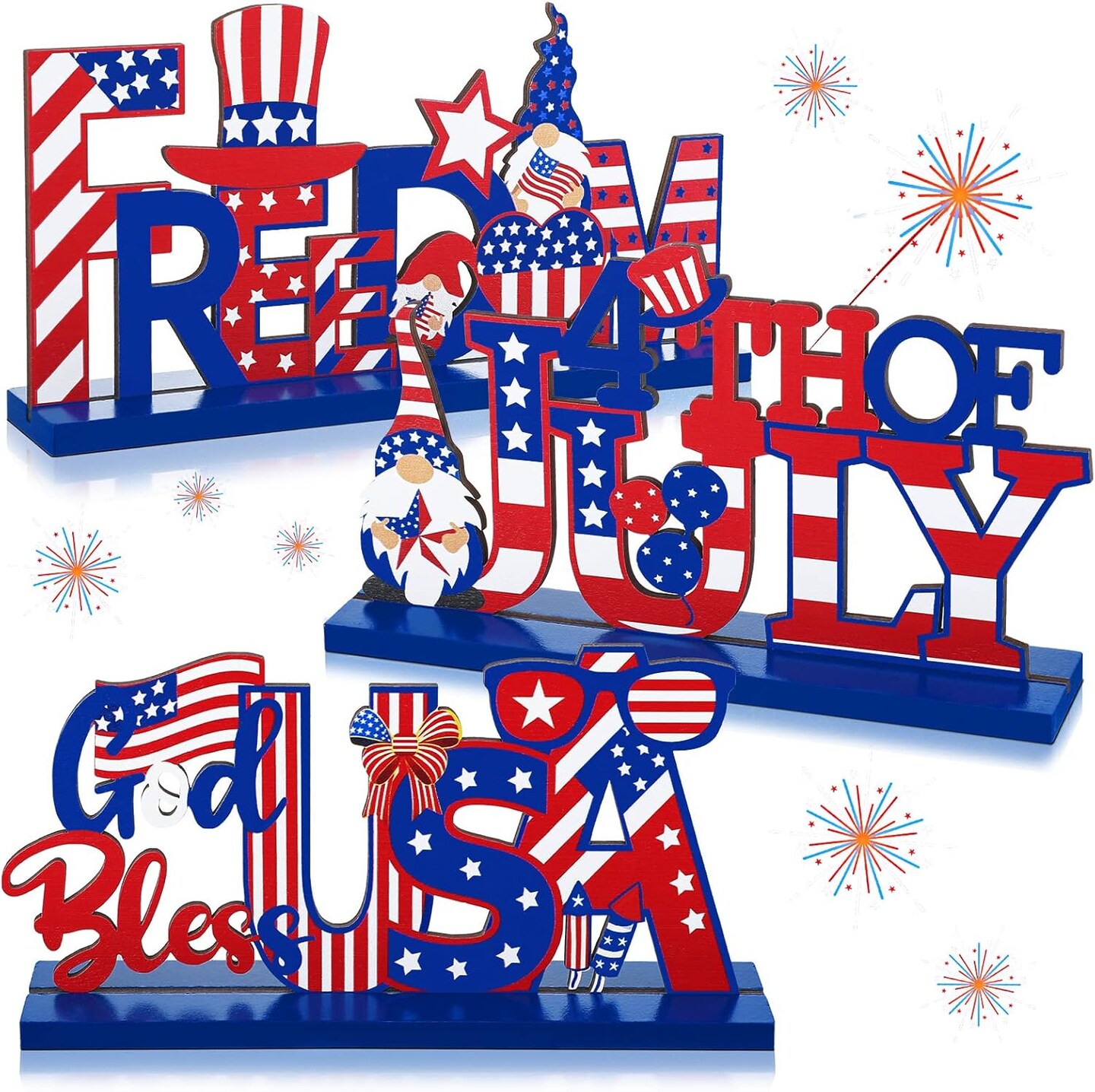 3 Pcs Memorial Day Wooden Table Decorations 4th of July Patriotic Wood Tabletop Centerpiece Independence Day Wood Letter Sign Tiered Tray Decor Farmhouse Rustic America Decoration (Flag Style)