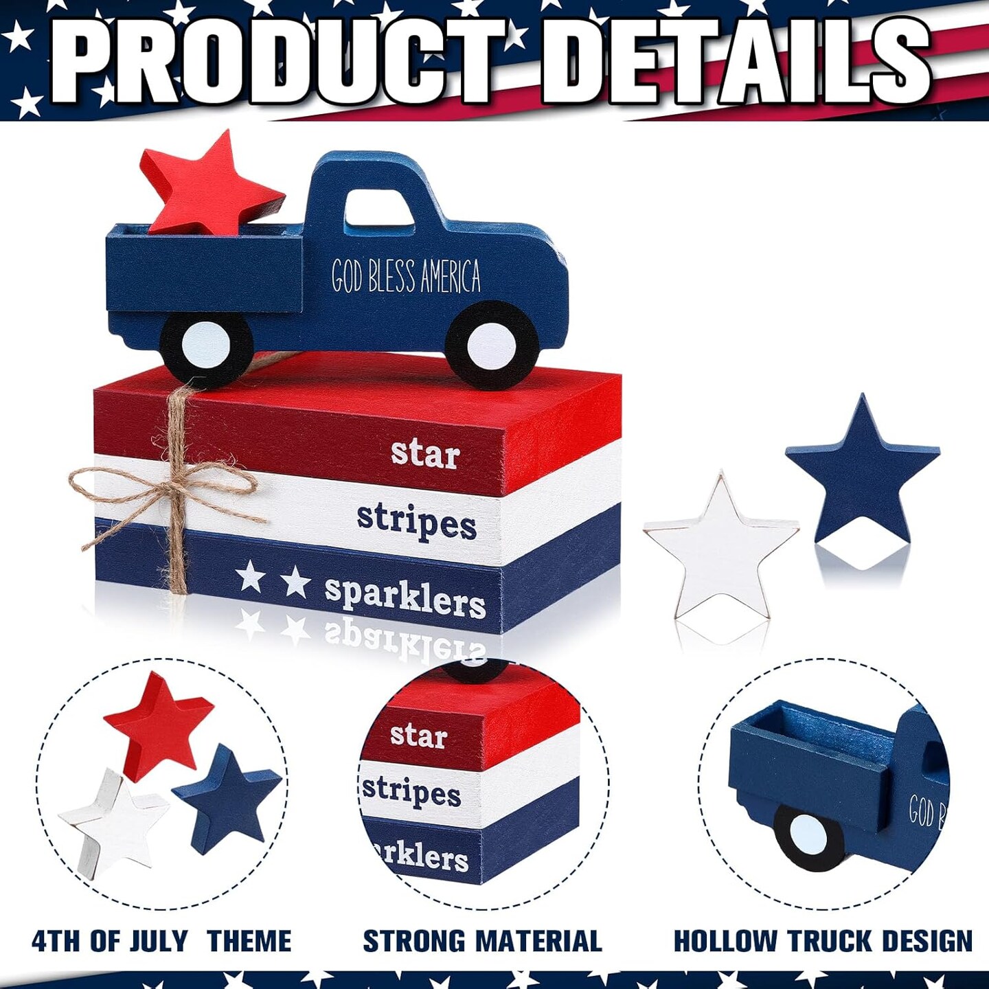 7 Pcs 4th of July Table Decoration Memorial Day Tiered Tray Decoration Patriotic Wooden Faux Book Stack Centerpiece Red White Blue Decor for Bookshelf Independence Gift(4th of July)