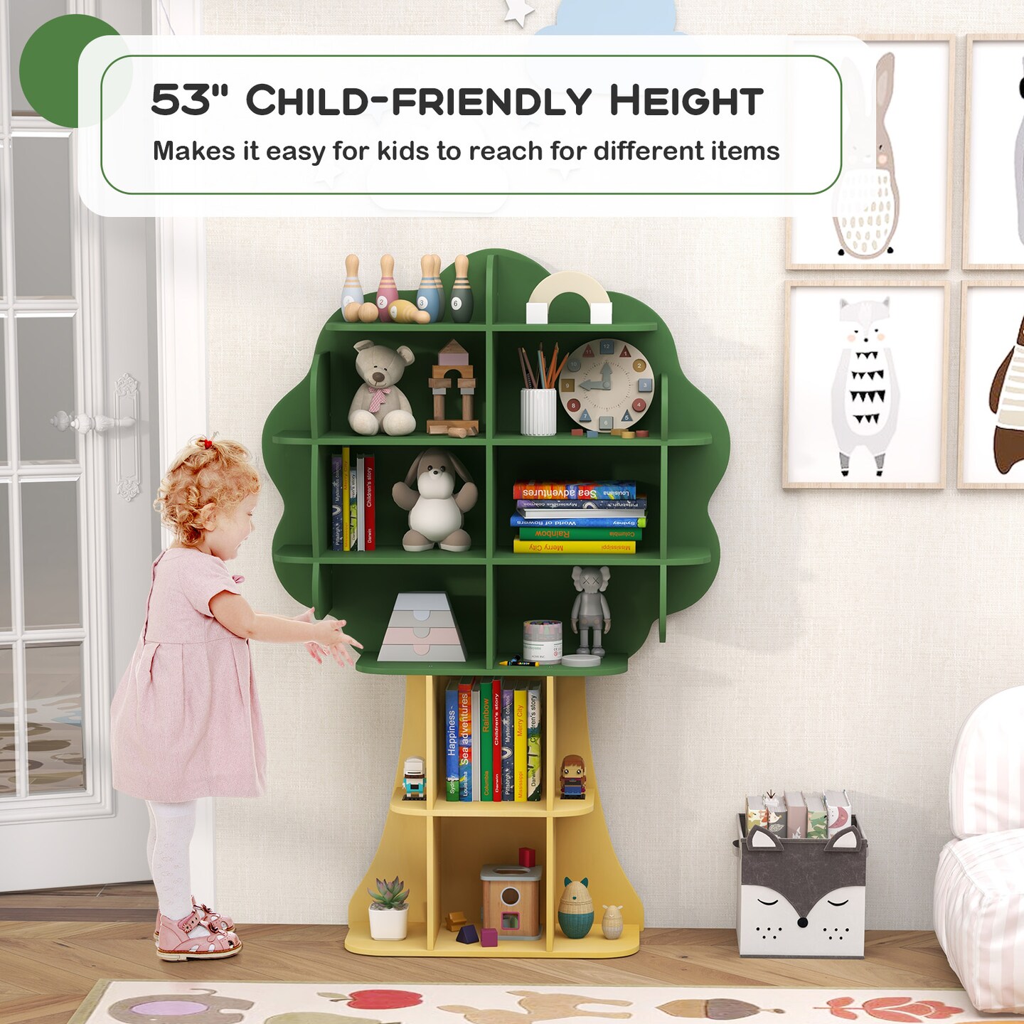 53" Tall Green Wooden Tree Bookshelf for Kids with 6 Open Storage Shelves for Toys and Learning