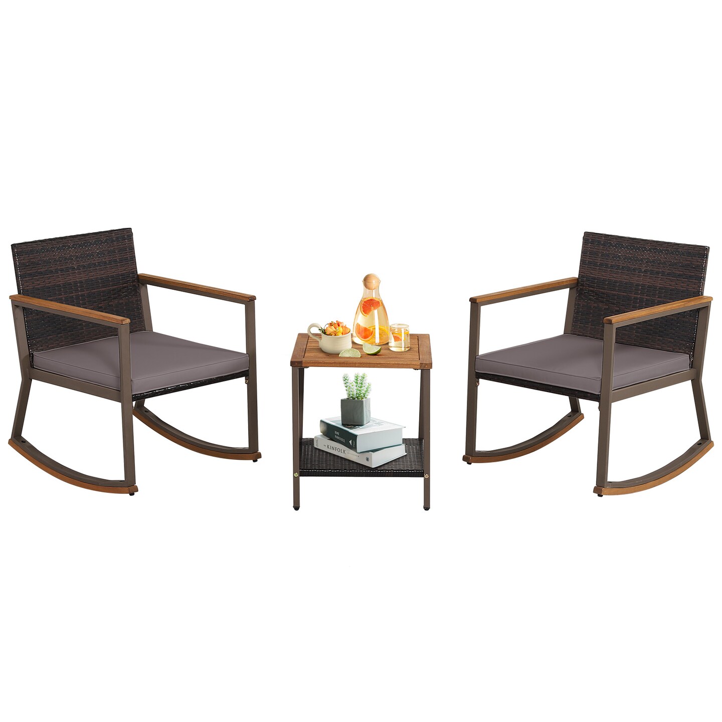 Outdoor Rocking Chair Set with Cushions and Two Tier Coffee Table