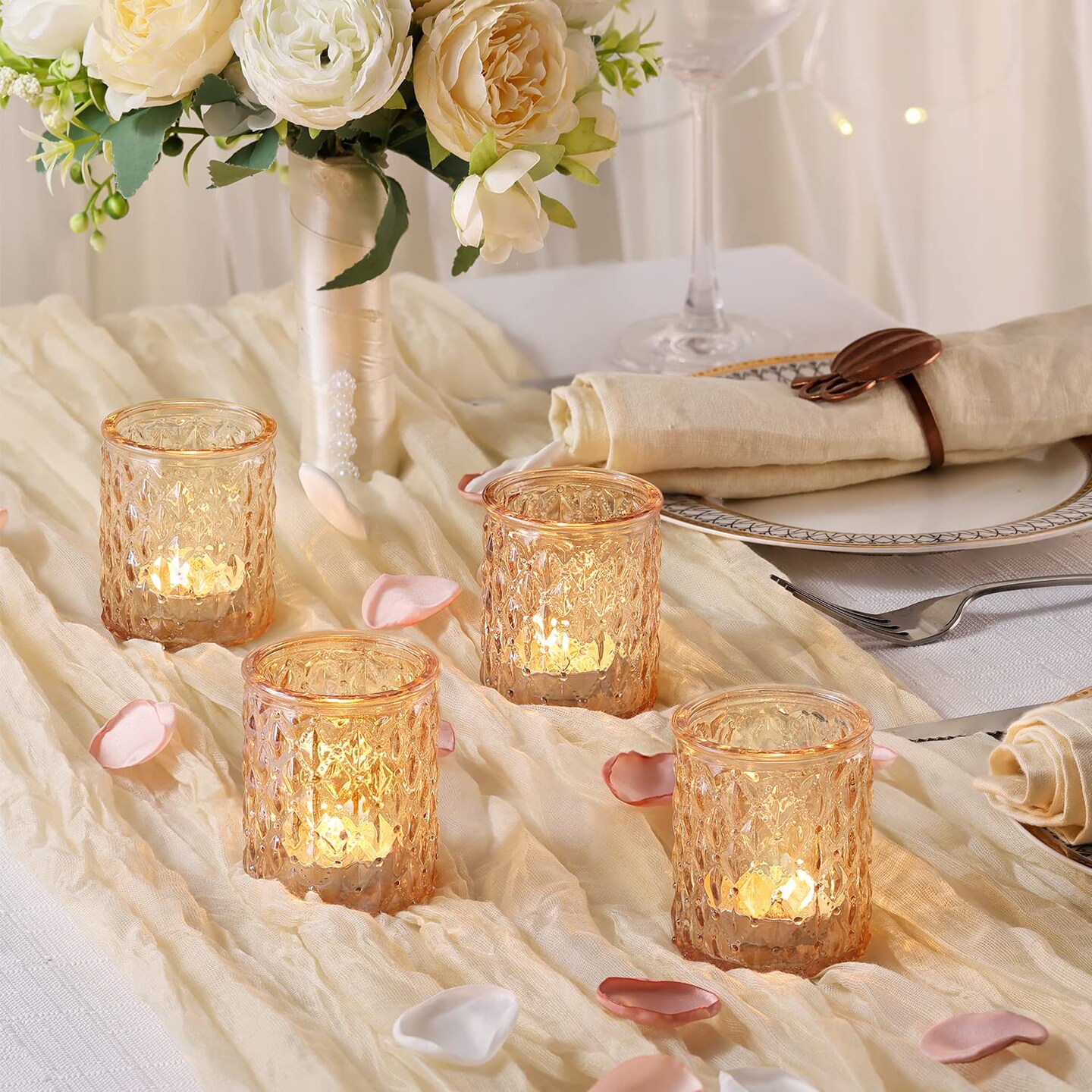 12pcs Gold Votive Candle Holders- Tealight Candle Holder for Table Centerpiece, Glass Candle Holder for Wedding Table Decor, Home Decor and Party Decor&#x26; Organizer Storage Tote Bag