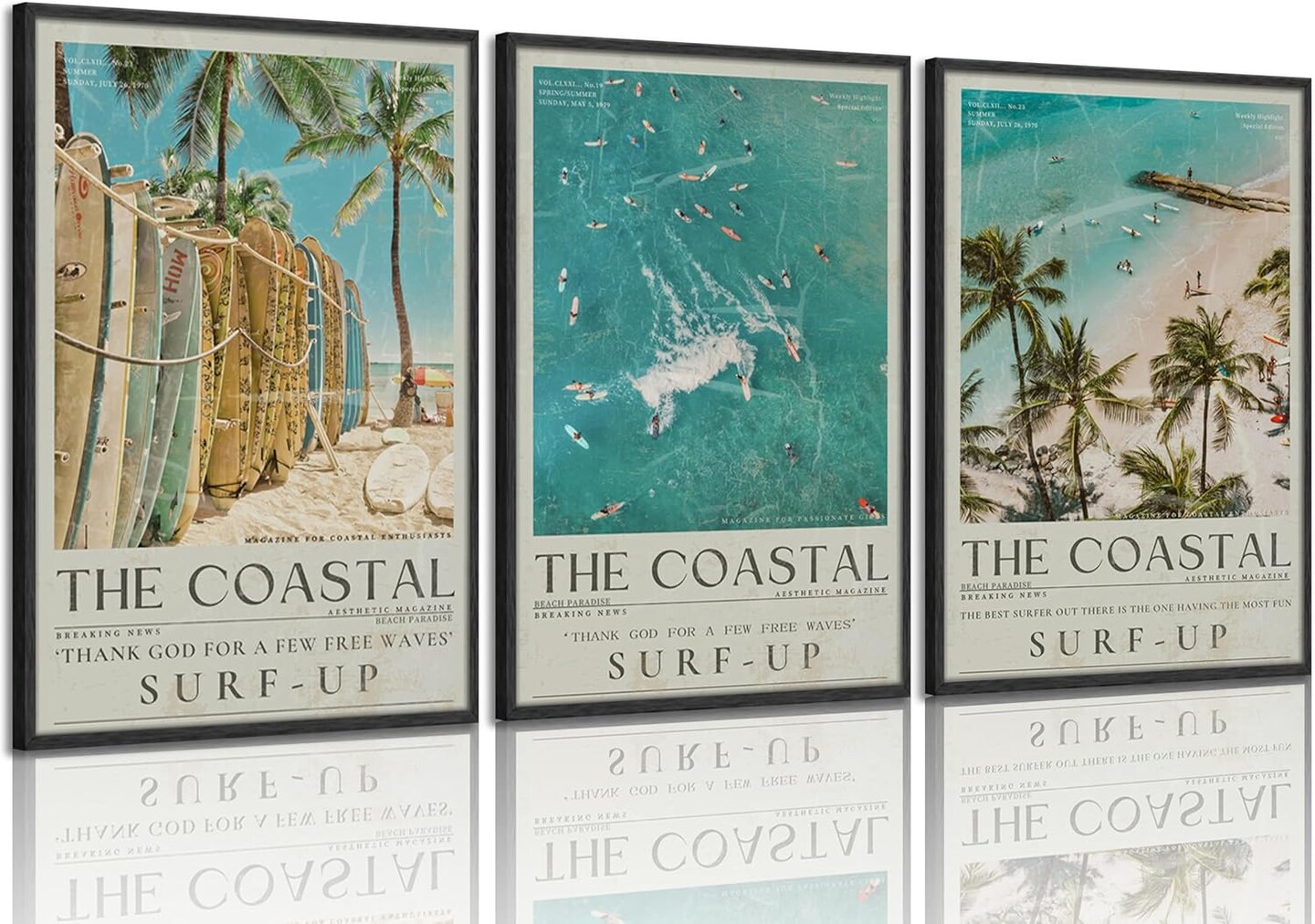 Beach Surfing Canvas Wall Art Retro Newspaper Beaches Surfboard Painting Picture Wall Decor Summer Coastal Granddaughter Room Preppy Surf Up Poster Print Artwork for Dorm Bedroom Apartment Home Decor