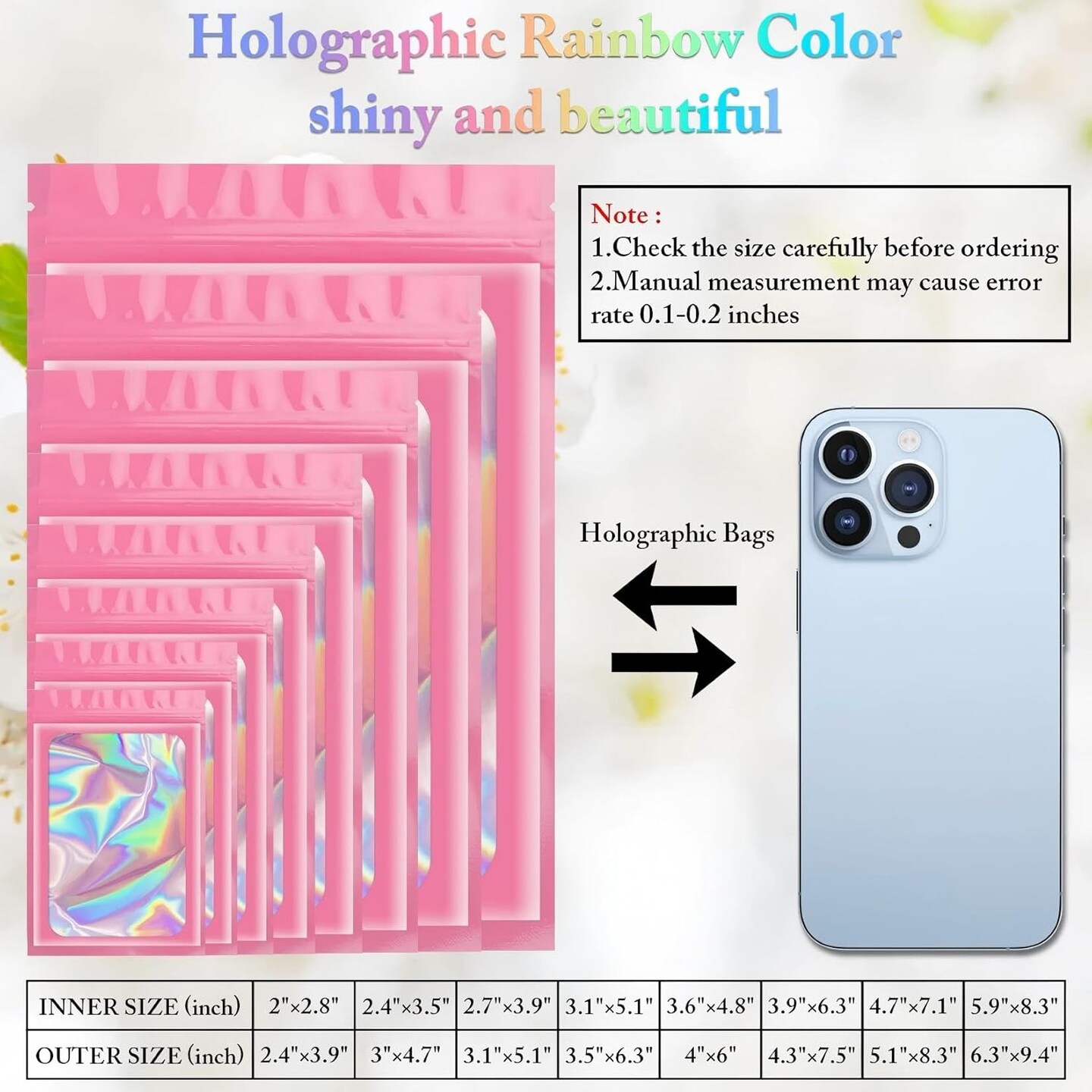 100 Pack Resealable Bags Clear Holographic Bags,Smell Proof Packaging Baggies,Mylar Food Storage Bag,Zipper Sealing Bag for Coffee Beans,Cookies,Jewelry Sample Small Business(White,3x4.7in)