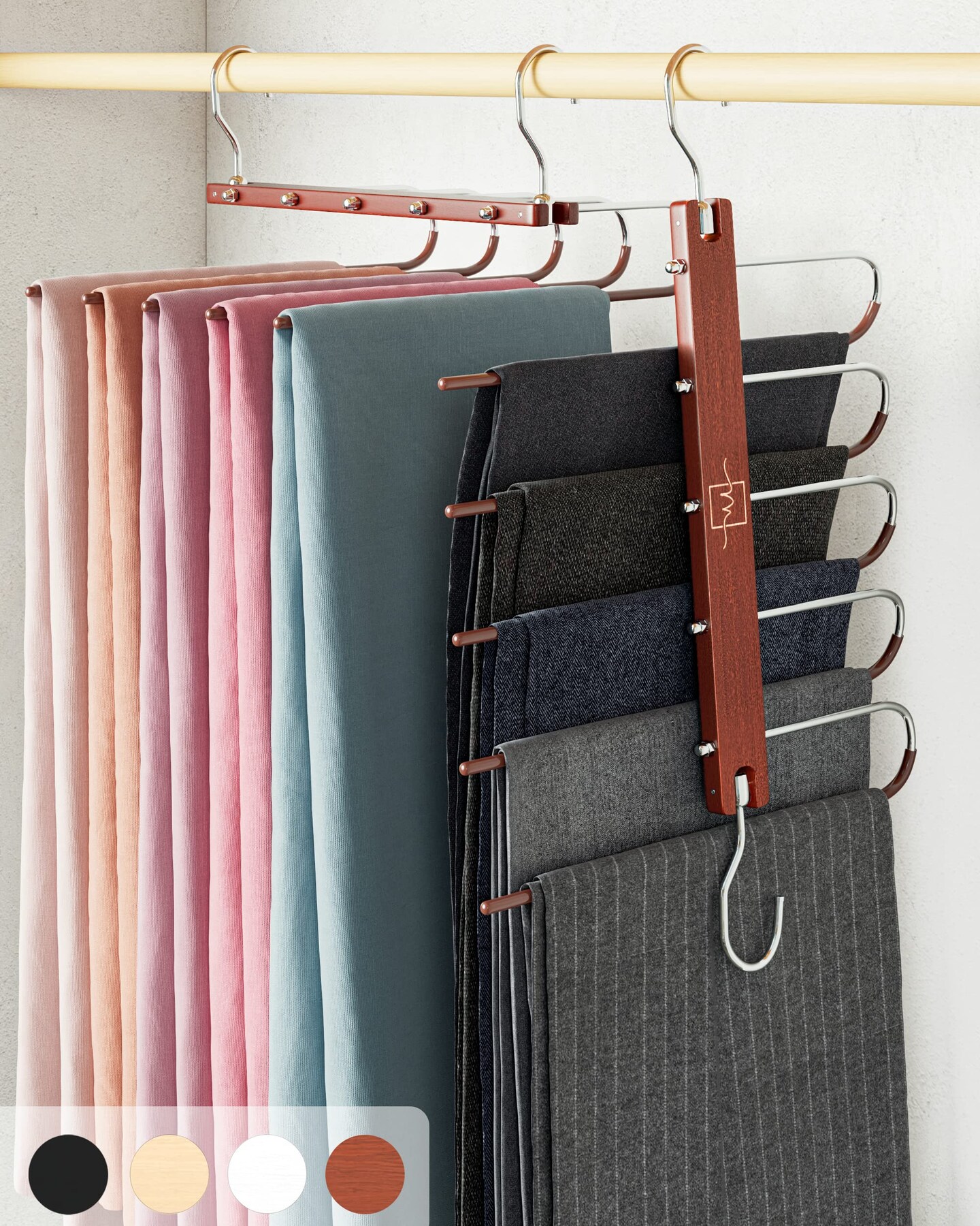 Pants Hangers Space Saving - European Beechwood Scarf and Jean Hangers - Closet Organizer and Space Saver Pant Rack, Leggings Hanger, and Scarf Holder with 360&#xB0; Swivel Hook (1 Pack)