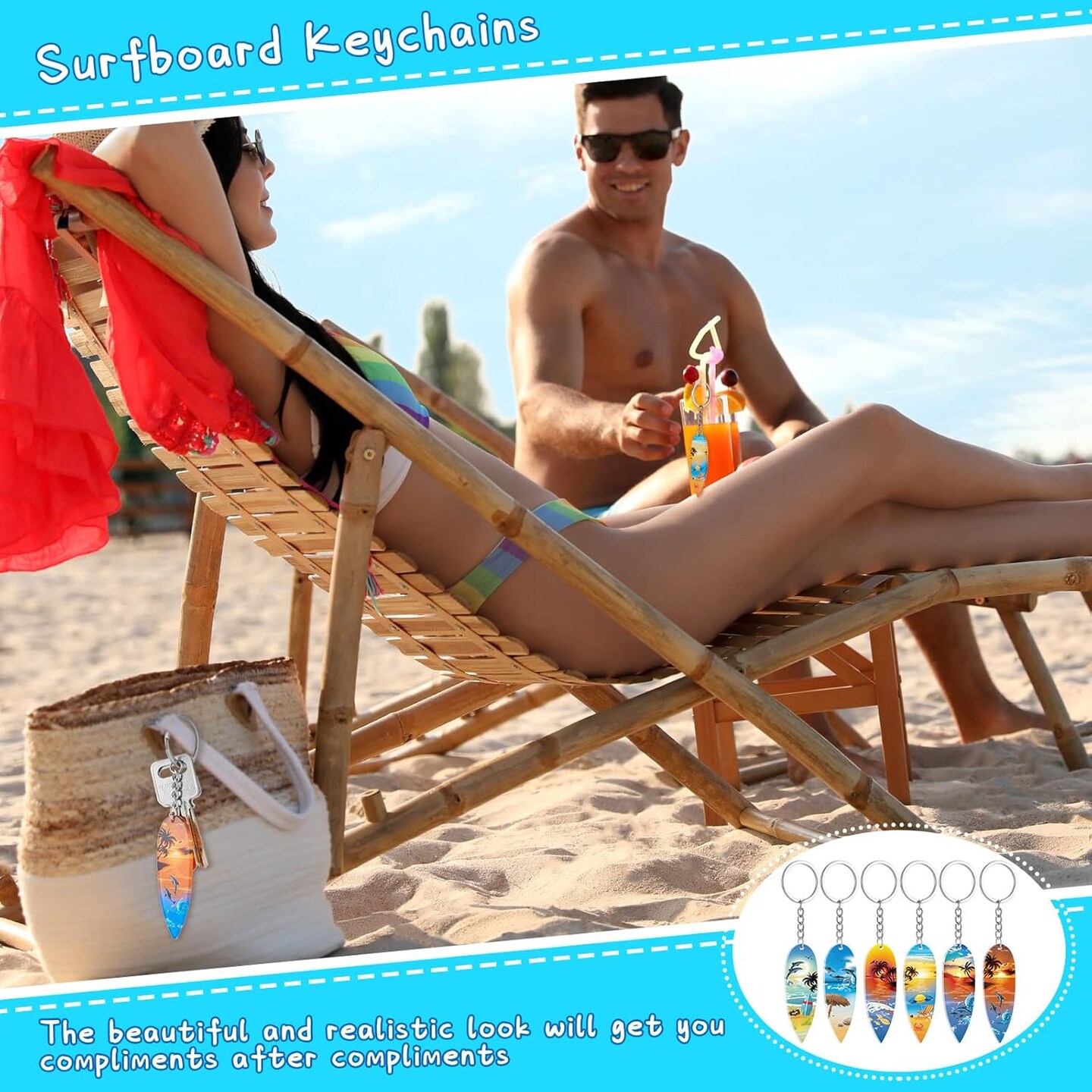 48 Pcs Beach Summer Party Favors Surfboard Keychains Toy Gifts Bulk Acrylic Mini Surfboard Sea Turtle Coconut Tree Key Chains for Florida California Hawaiian Bahamas Souvenirs Supplies