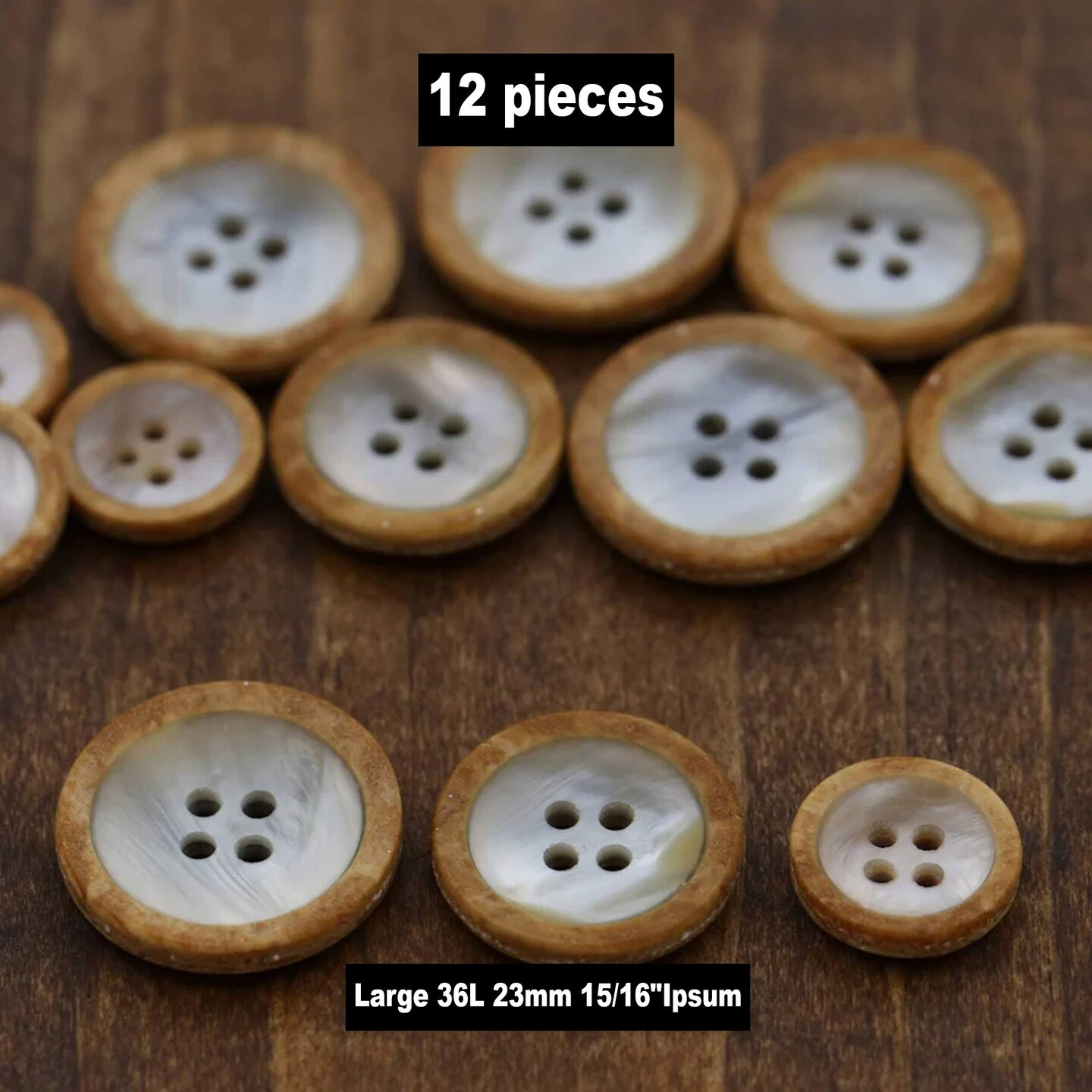 12 Pieces Large Faux Shell Buttons with Faux Wood Edge 23mm 15/16" Four Hole Plastic Shirt Buttons
