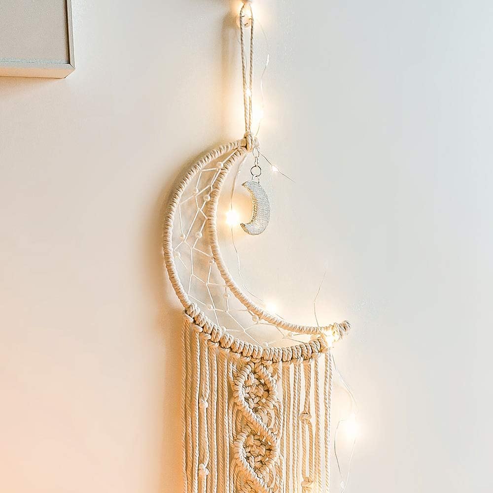 Boho Macrame Crescent Moon Star Dream Catcher with Long Tassel (With Light)