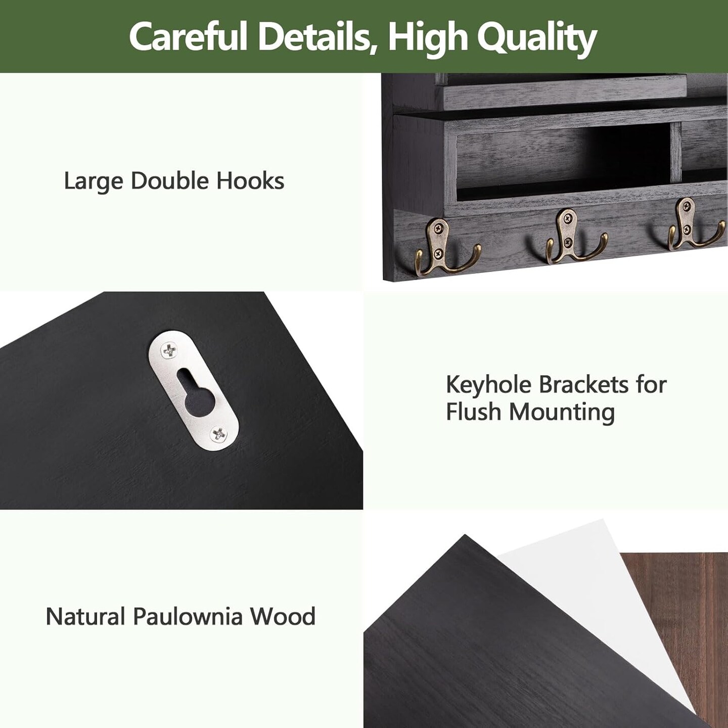 Wall-Mounted Key and Mail Organizer with Shelf & Chalkboard – Rustic Paulownia Wood Entryway Storage with 4 Double Hooks, Mail Slot, and 3 Liquid Chalks (Black, 15.98”W x 9.1”H x 3.3”D)