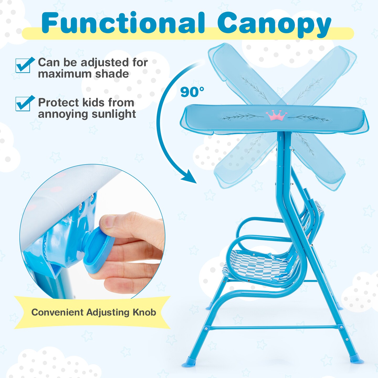 2 Seater Kids Patio Swing with Adjustable Canopy, Metal Frame and Safety Belts