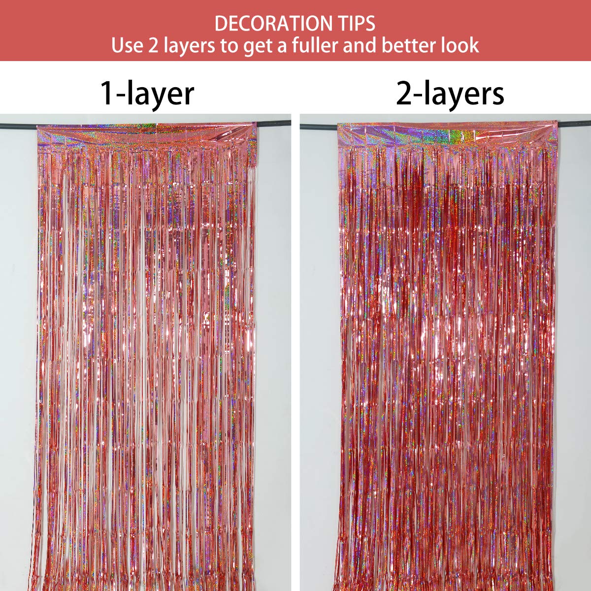 Foil Fringe Curtains Party Decorations - Melsan 3 Pack 3.2 x 8.2 ft Tinsel Curtain Party Photo Backdrop for Birthday Party Baby Shower or Mother&#x27;s Day Rose Gold