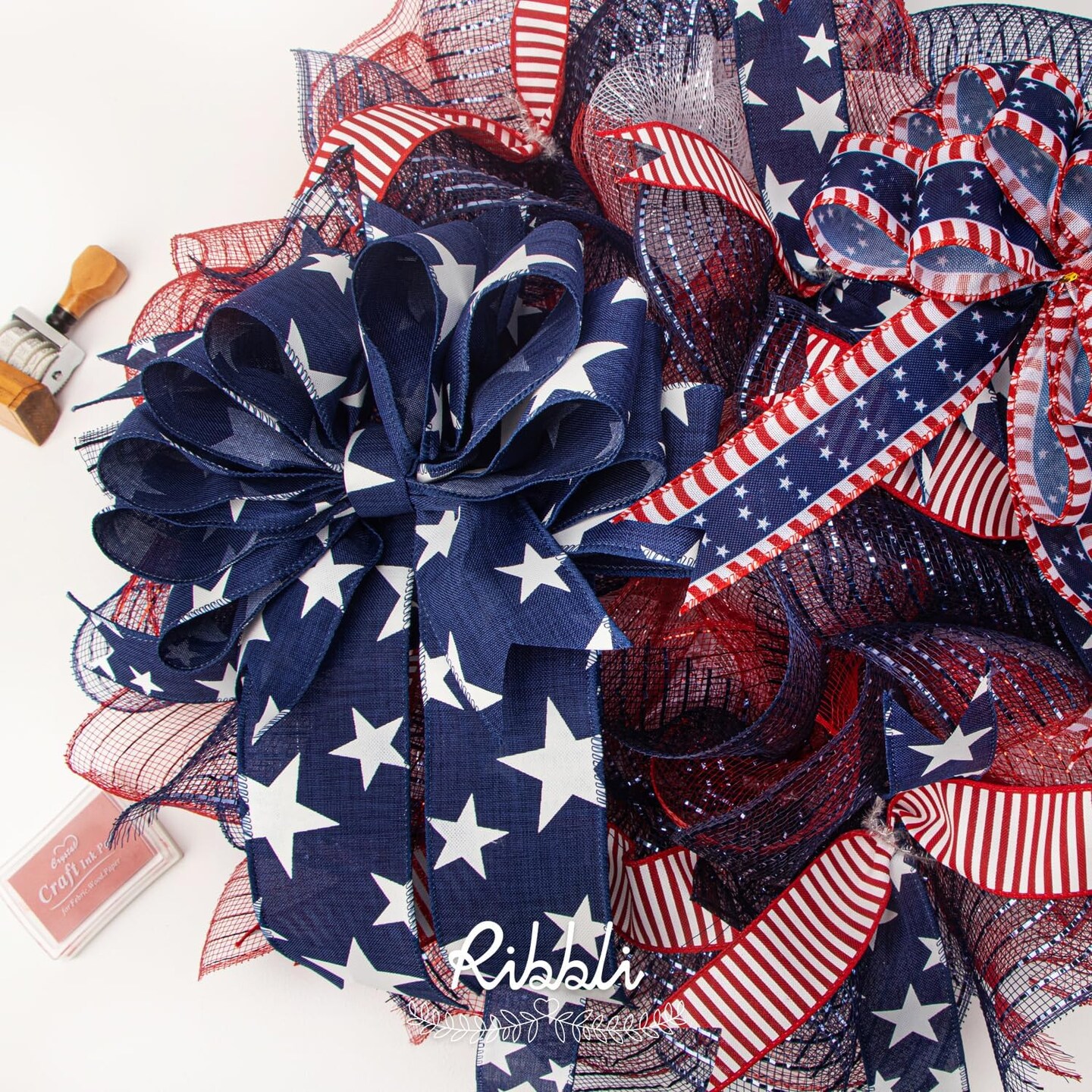Patriotic Wired Ribbon, 2 Rolls Navy Star and Red Stripe Burlap Polyester Ribbon