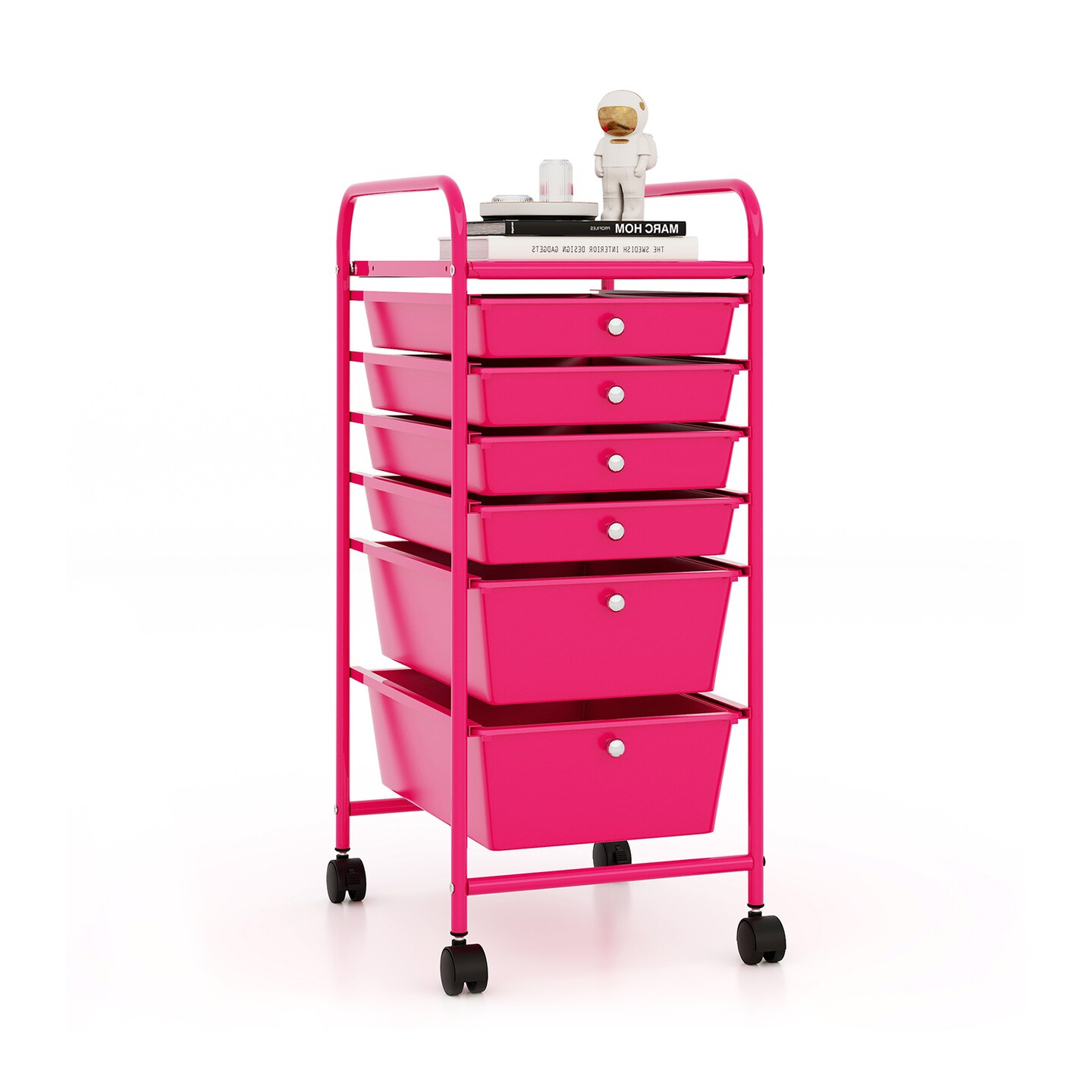 Rose Red Steel Storage Cart with 6 Drawers 4 Wheels and Plastic Bins for Bathrooms or Kitchen