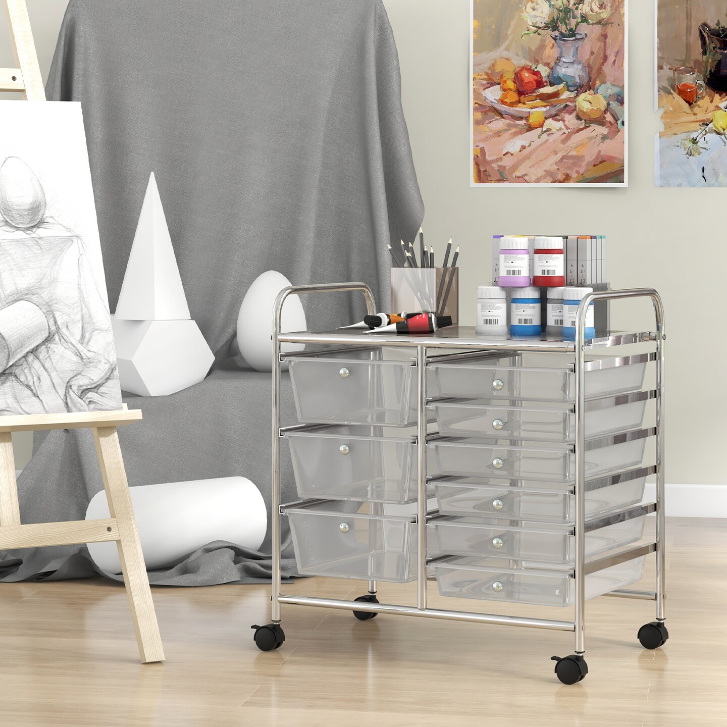 9-Drawer Rolling Storage Cart with Metal Frame and Locking Wheels for Office and Craft Use