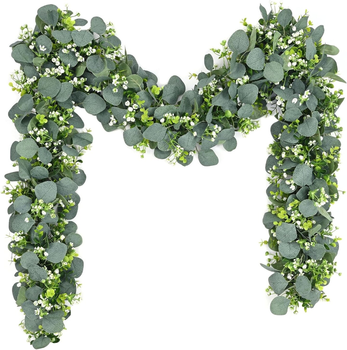 2 Pcs Eucalyptus Garland – 5.9 ft Faux Silver Dollar Leaves with Flowers for Table, Home, Wedding, Mantle, Party & Indoor/Outdoor Décor