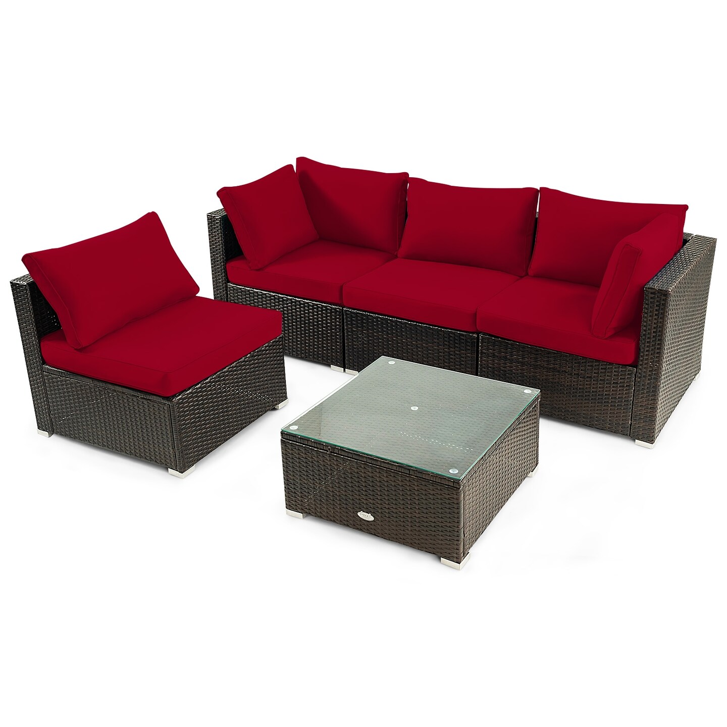 5-Piece Brown PE Rattan Outdoor Sectional Sofa Set with Tempered Glass