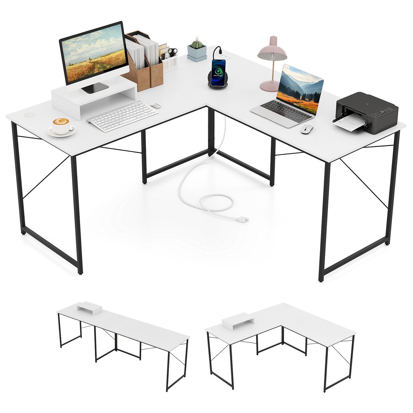 95&#x22; L-Shaped Desk for Two People with Adjustable Monitor Shelf and Cable Management