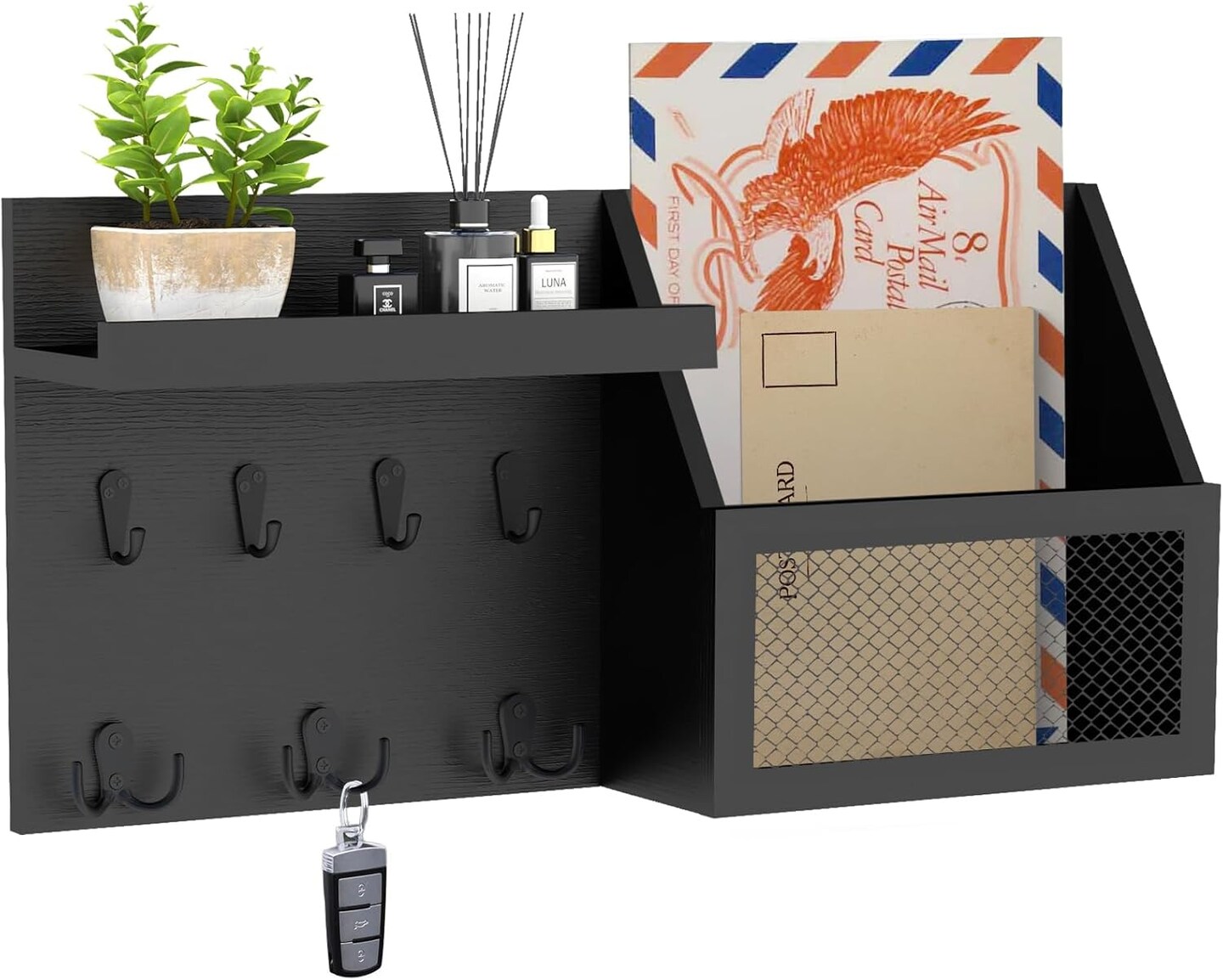 Key Holder for Wall with Wooden Picture Frame, 16 X Mail Organizer Wall  Mount with Hooks and Shelf, Rustic Wood Key Hanger Key Rack for Entryway  and