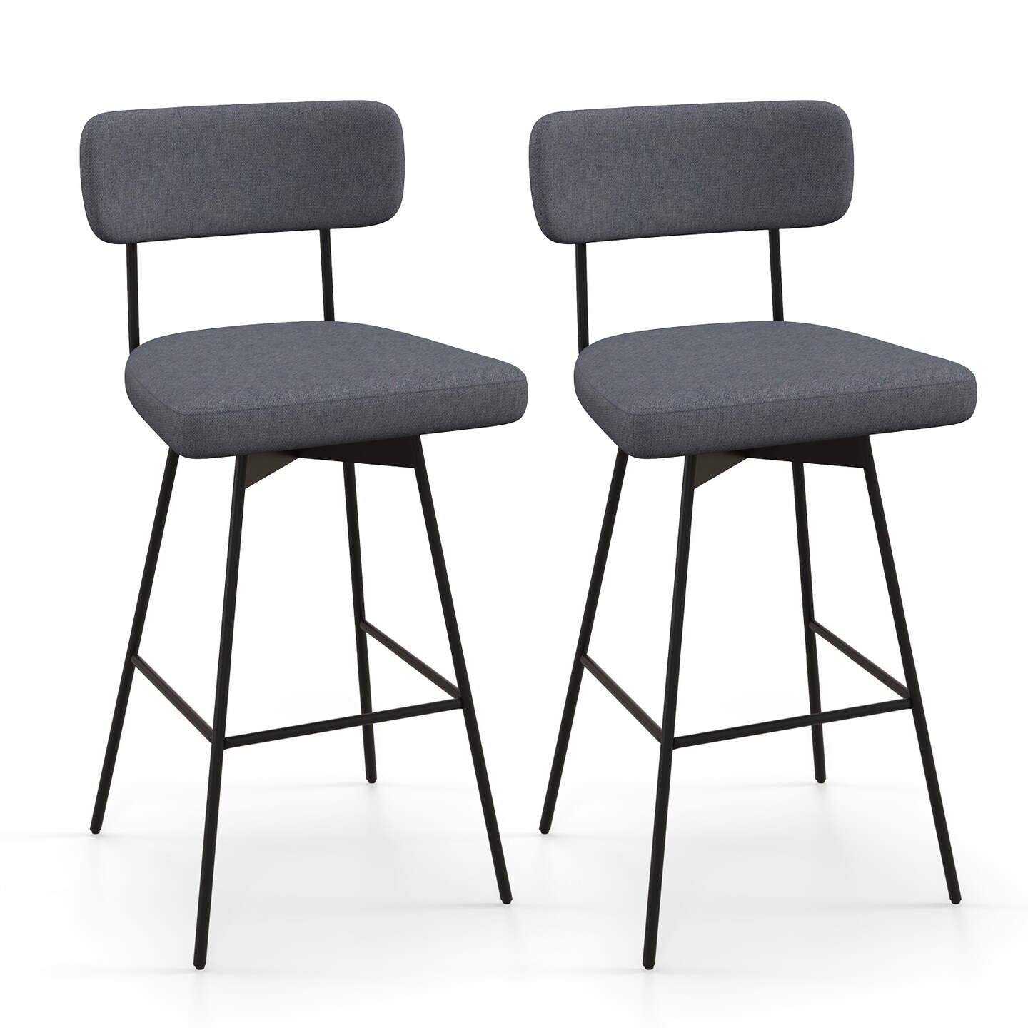 Set of 2 Grey Linen Upholstered Bar Stools with 360 Degree Swivel Metal Frame and 29” Seat Height