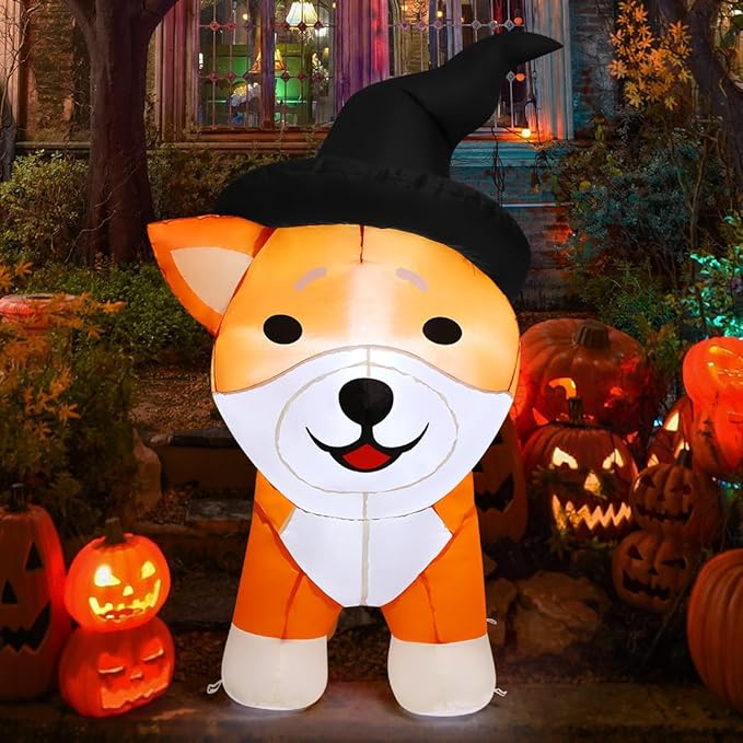 GOOSH 4 FT Halloween Inflatables Wizard Shiba Inu Dog with Built-in LEDs