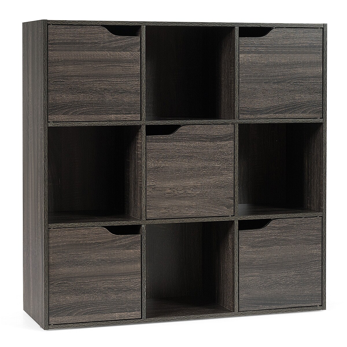 3-Tier Grey Chipboard Space-Saving 9-Cube Bookcase with Enclosed Doors for Home or Office