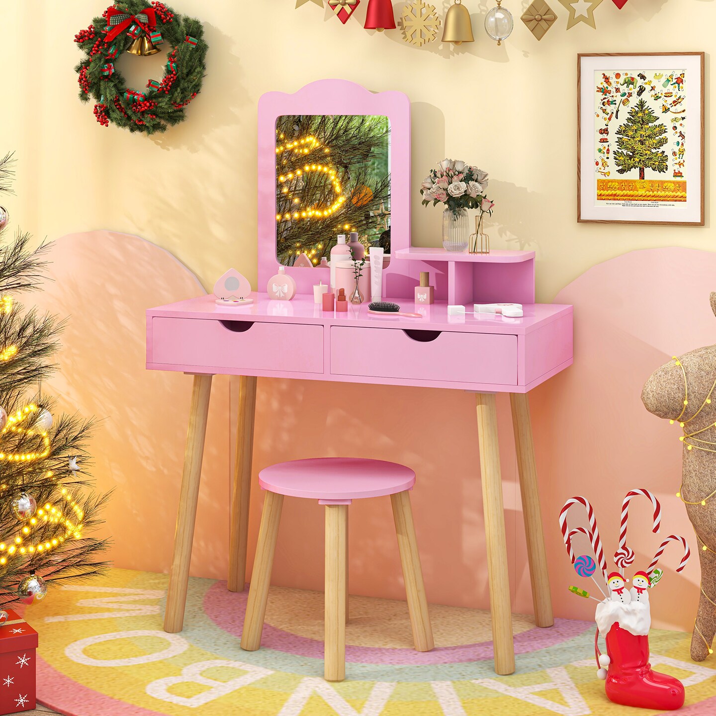 Pink Wooden Kids Vanity Table with Detachable Mirror and Storage Drawers Sturdy Stool Included