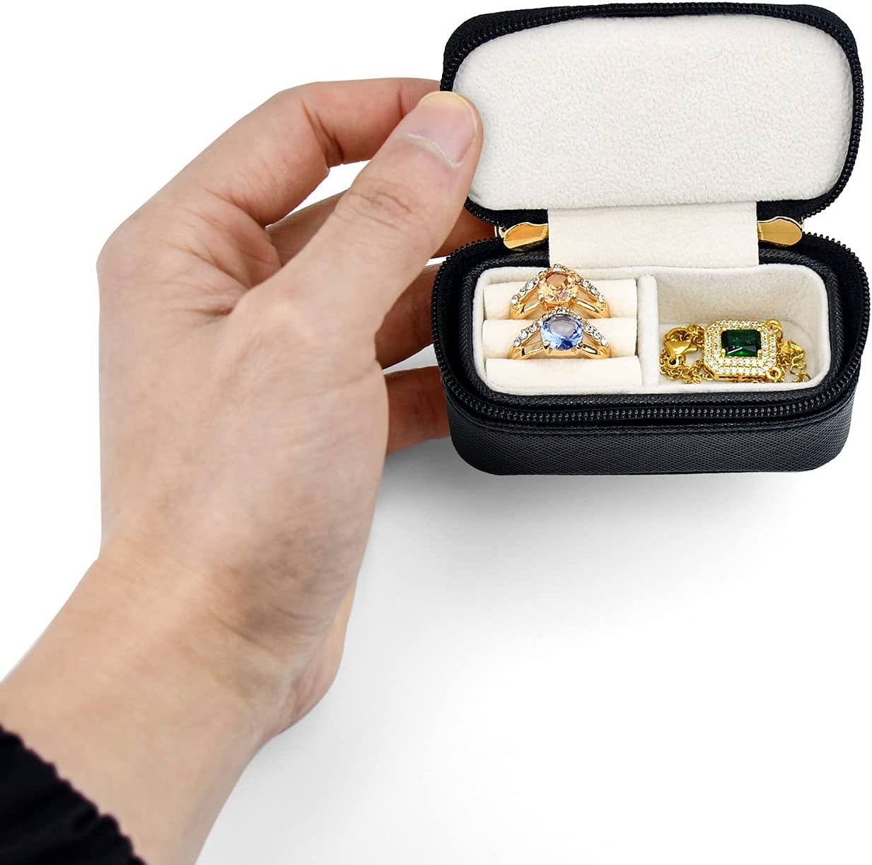 Luxury Mini Travel Ring Box Storage for Women, Portable Leather jewelry Storage Case Organizer for Rings Earrings Necklaces, Gift for Wife Girls Friends Family (Black)