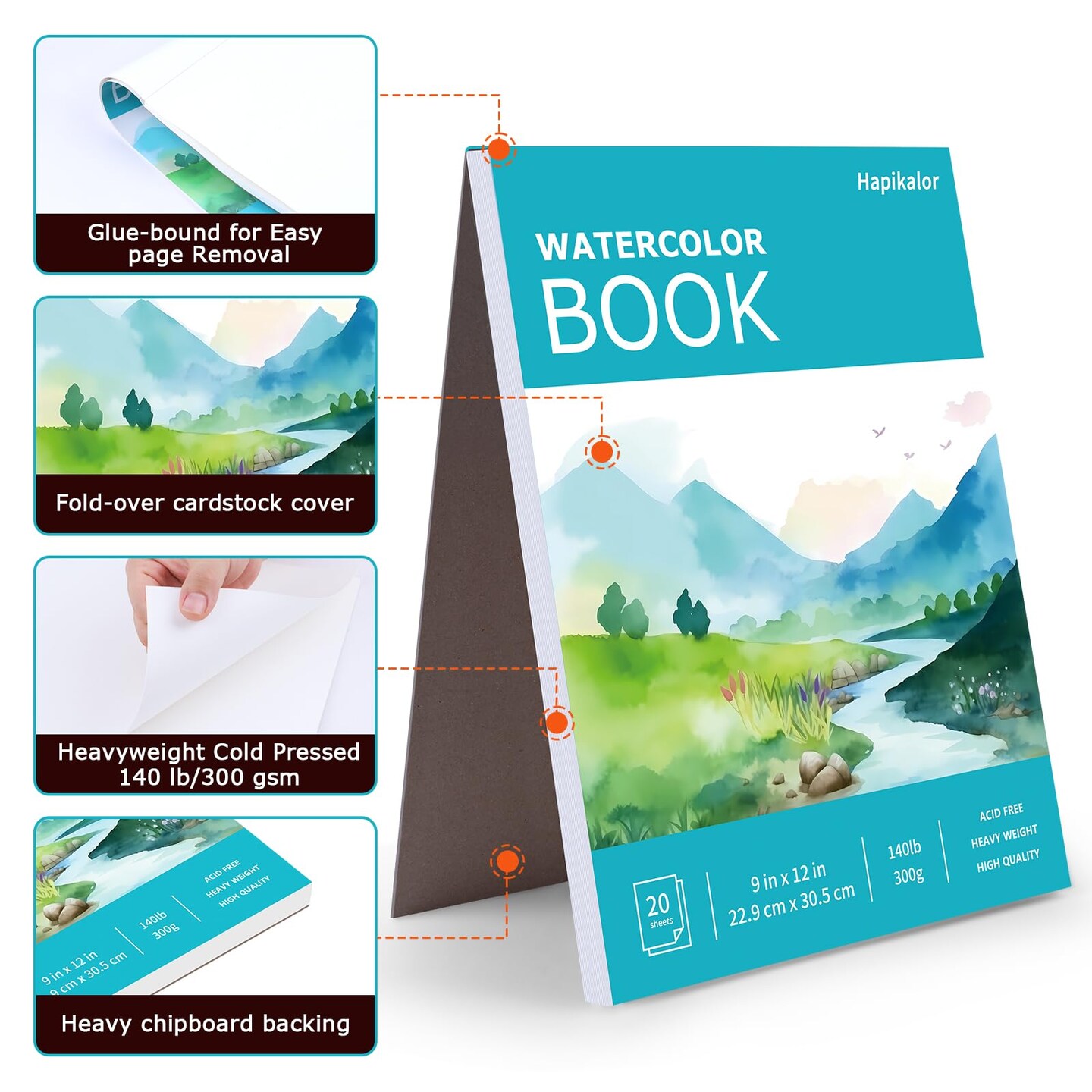 Hapikalor Watercolor Paper Pad, 9"x12" Water Color Paper, 140lb/300gsm Artist Painting Drawing Paper Book, Art Supplies for Adults Kids, Watercolors, Watercolor Paint Set, Sketchbook, Journal, Teal