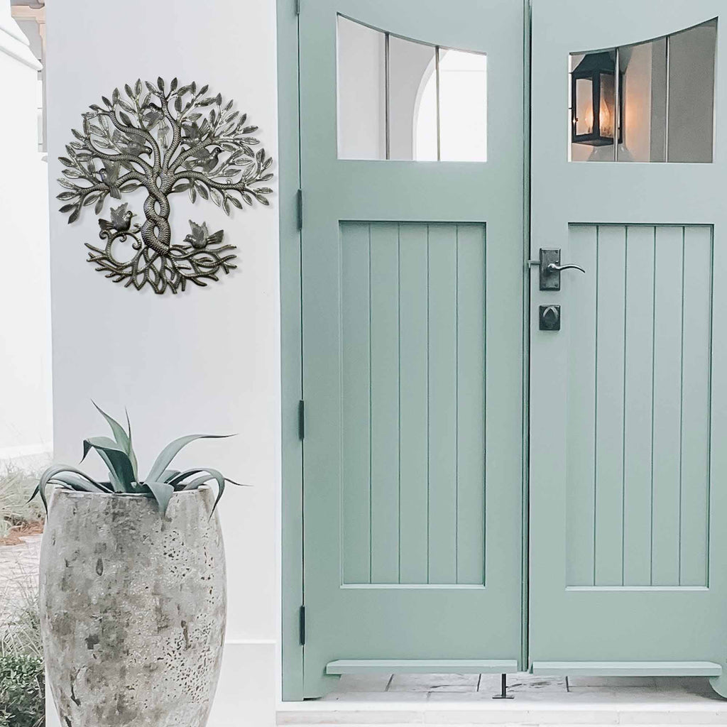 Silver Upcycled Steel Lacquered Entwined Twisted Tree of Life Metal Wall Art