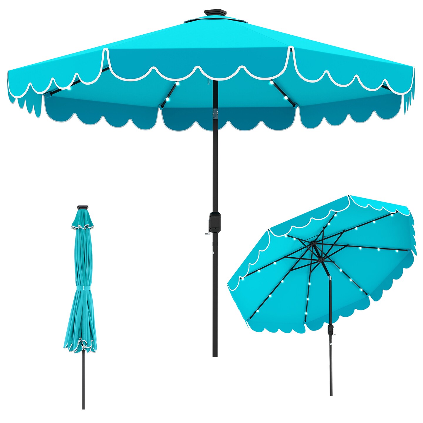 Polyester Auto-Tilt Solar Patio Umbrella with LED Lights and 10x8.3 ft Shade