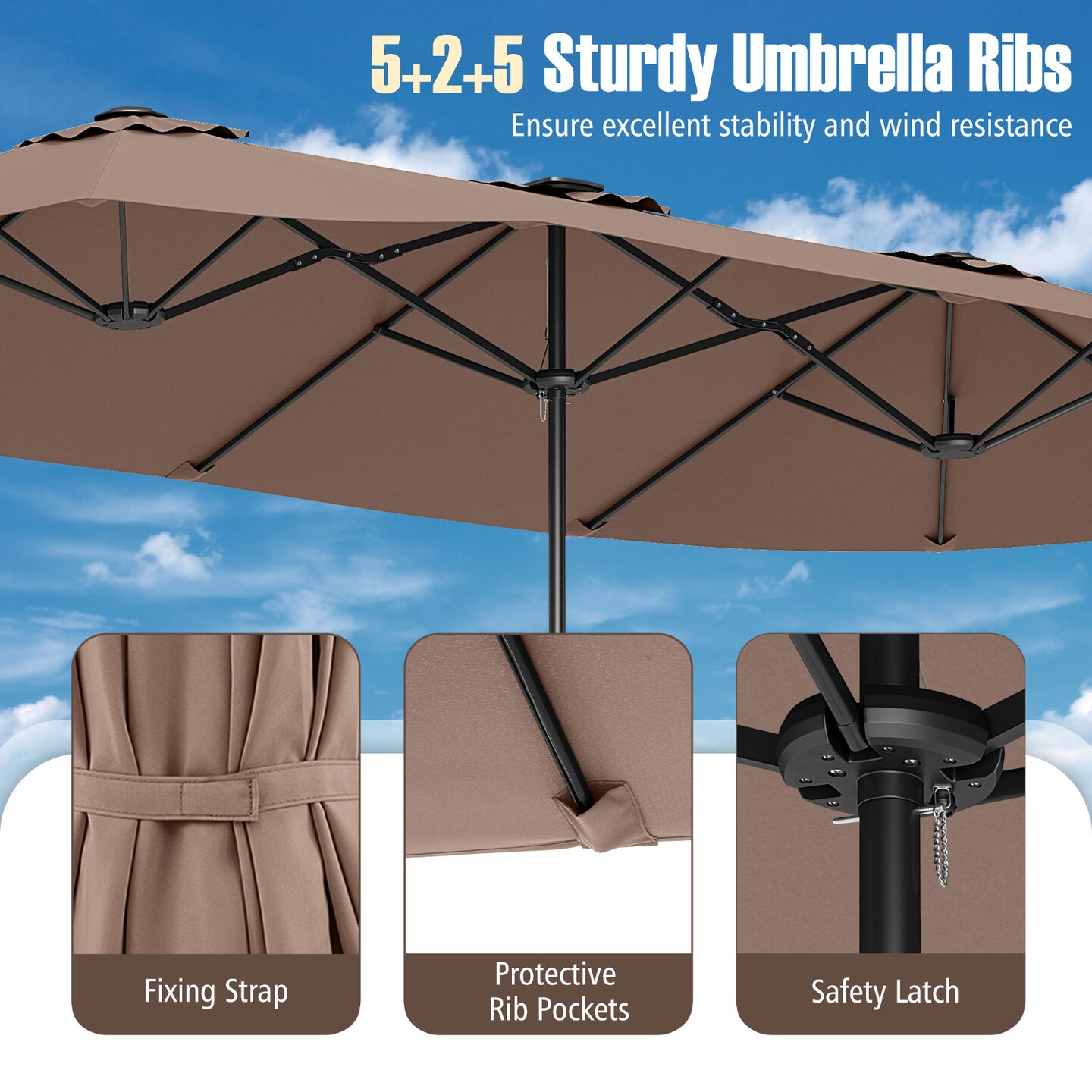 Extra Large LED Patio Umbrella, Double-Tier Canopy with Crank and Solar Lights