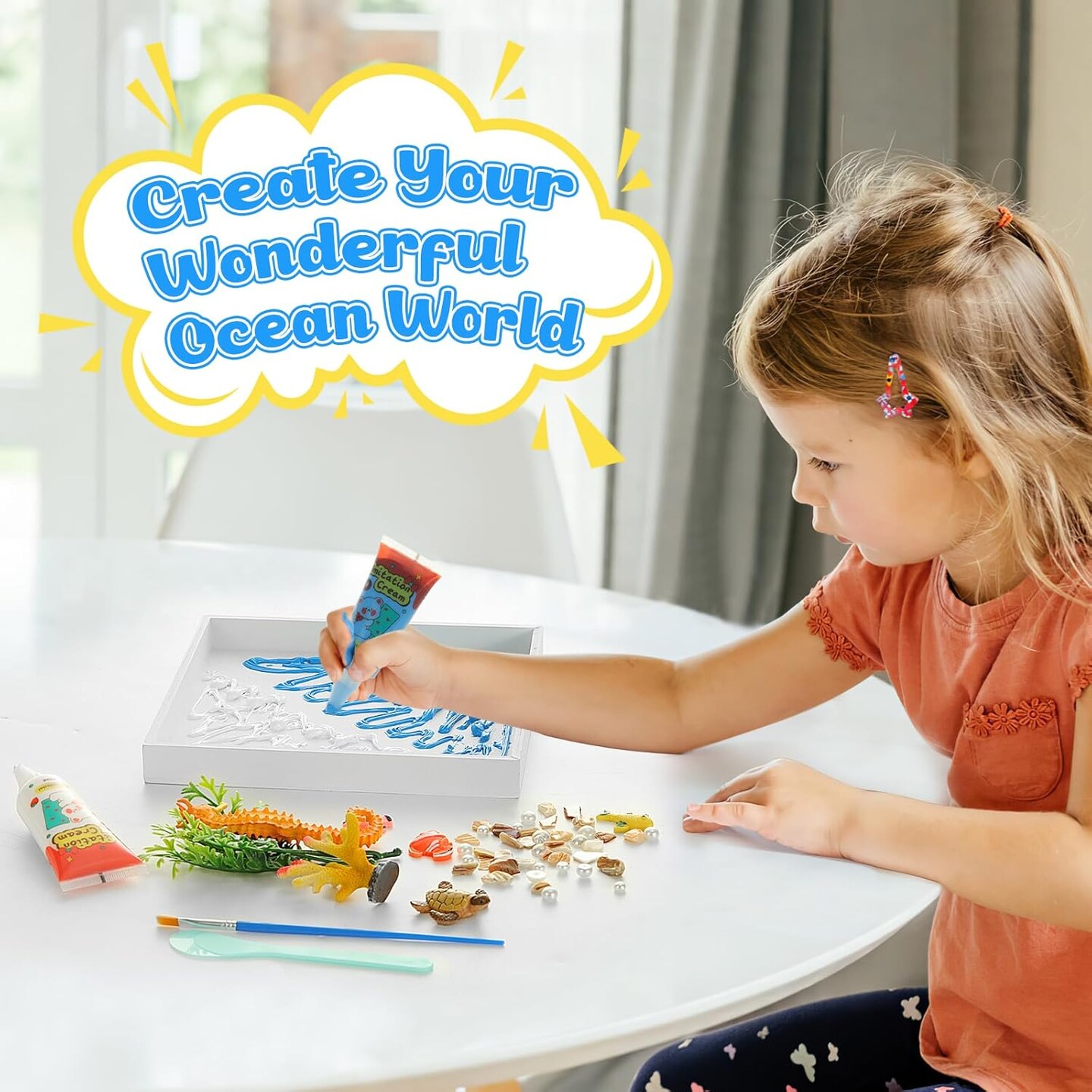 DIY Ocean Painting Kit, DIY Mosaic Arts and Craft Kits with Sea Animal Plant Accessories, Handmade Sticker Painting Kit for Kids Christmas Room Decor, Blue &#x26; White