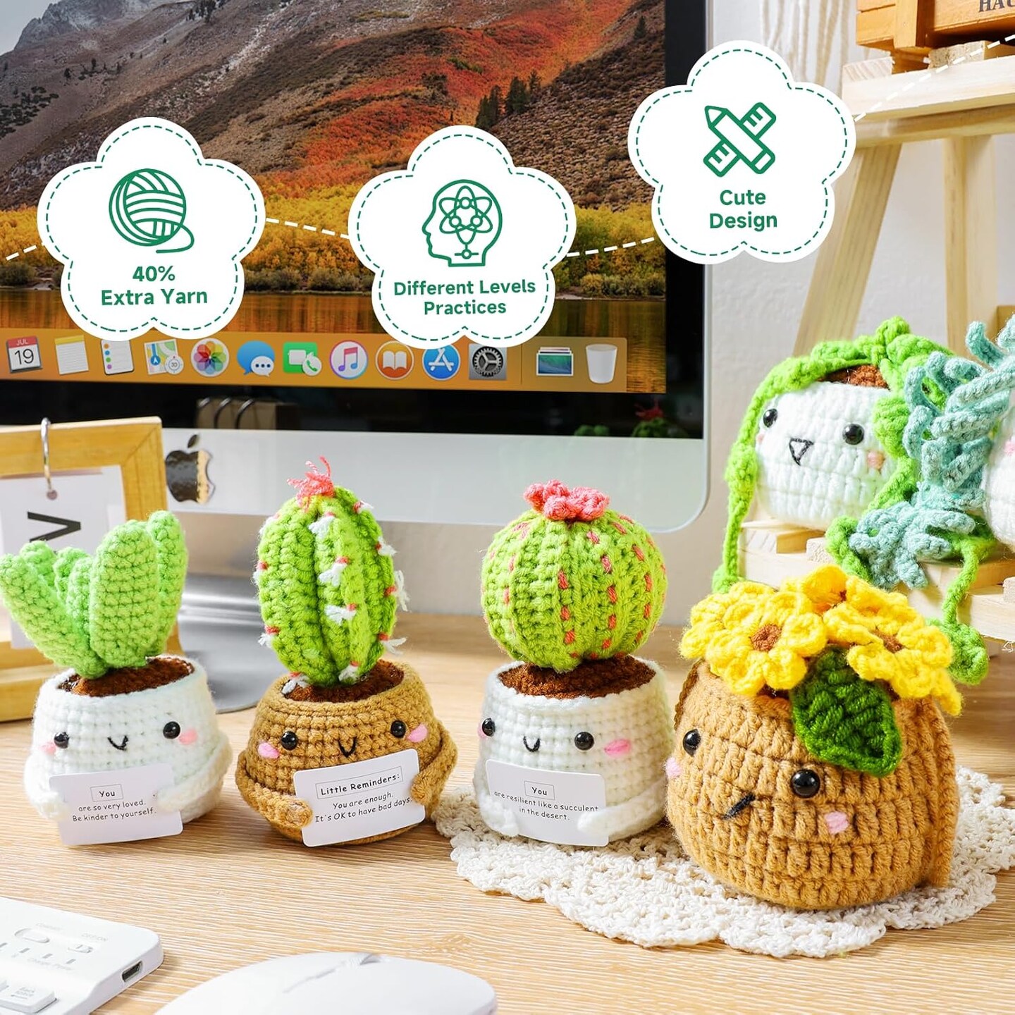 Crochet Kit for Beginners with Step by Step Video Lessons | 6 PC Potted Plants and Succulent Family Crochet Kit with Accessories