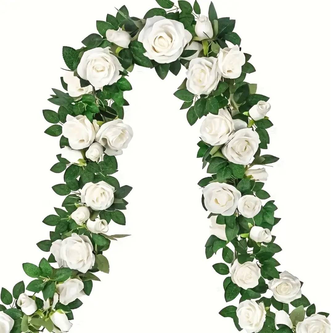 Elegant White Silk Rose Garland – Artificial Floral Vine for Weddings & Home Décor